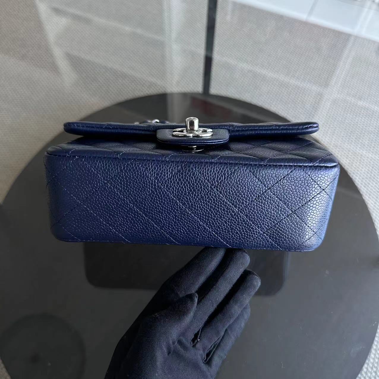 Chanel Caviar Mini Rectangular Classic Flap 20CM Quilted Calfskin Dark Blue SHW No 18 - Luxury Evermore