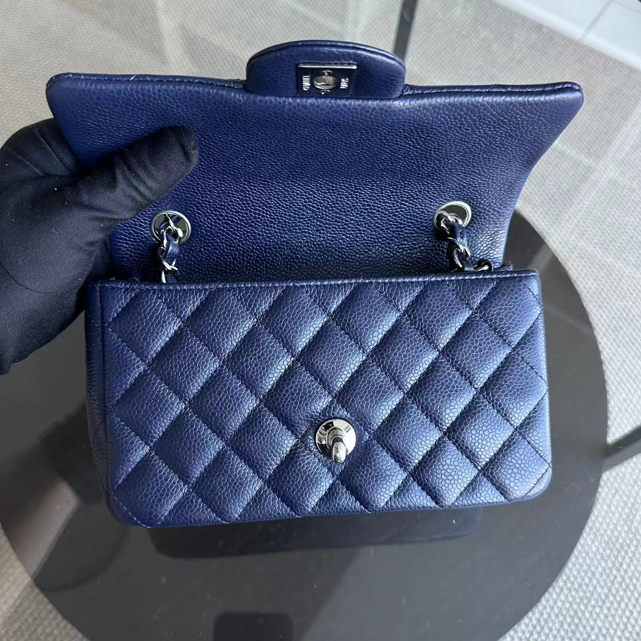 Chanel Caviar Mini Rectangular Classic Flap 20CM Quilted Calfskin Dark Blue SHW No 18 - Luxury Evermore