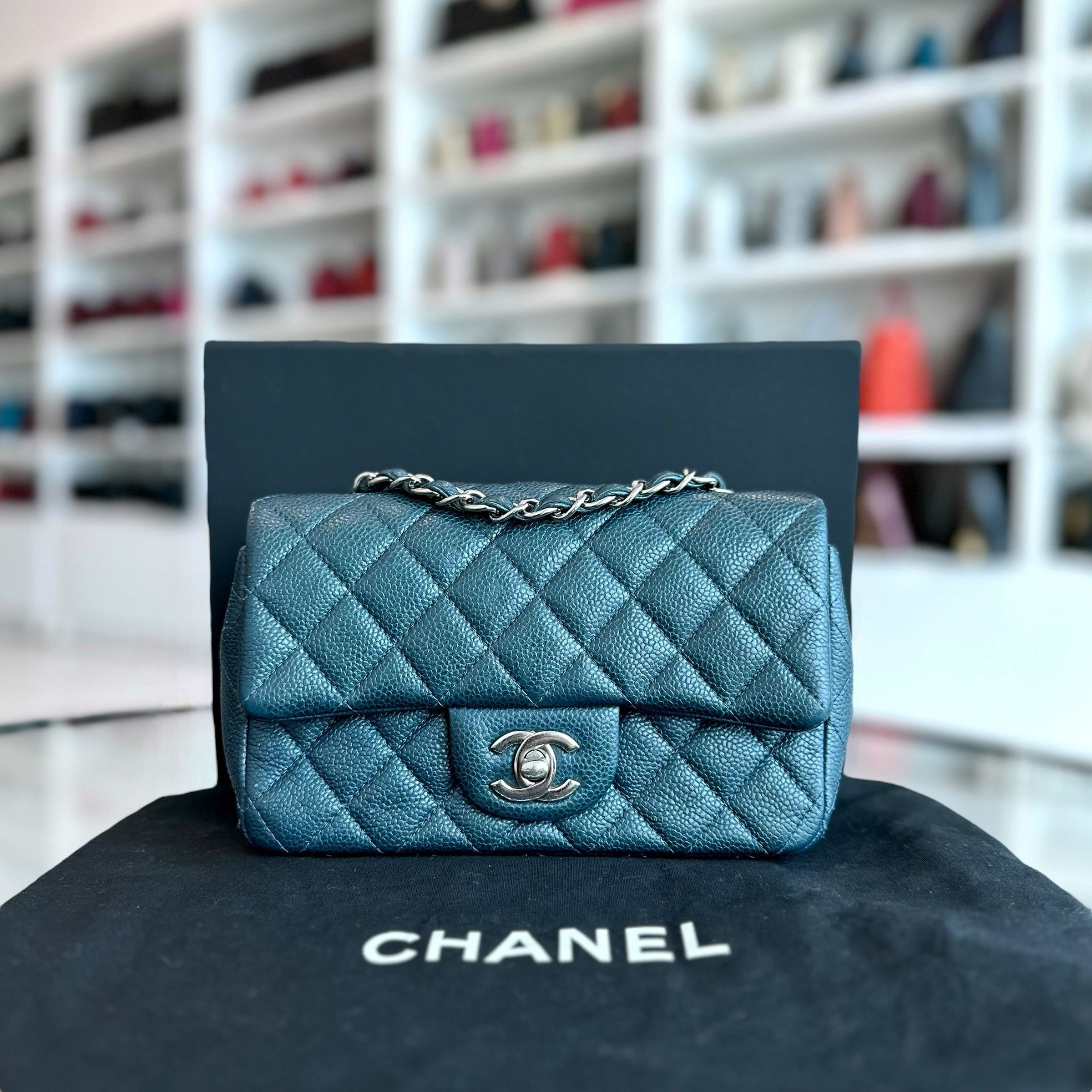 Chanel Caviar Mini Rectangular Classic Flap Iridescent Dark Blue No 20 - Luxury Evermore