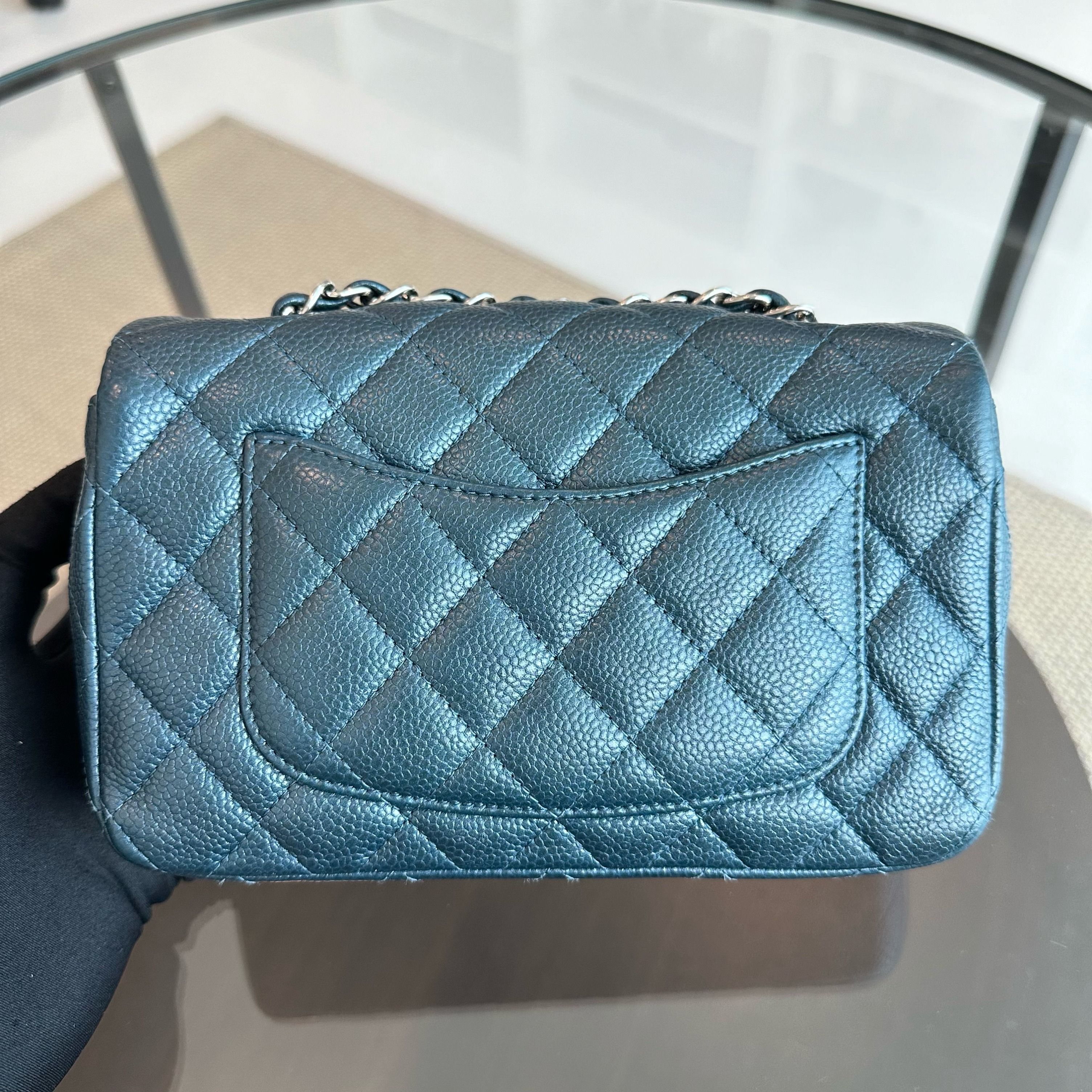 Chanel Caviar Mini Rectangular Classic Flap Iridescent Dark Blue No 20 - Luxury Evermore