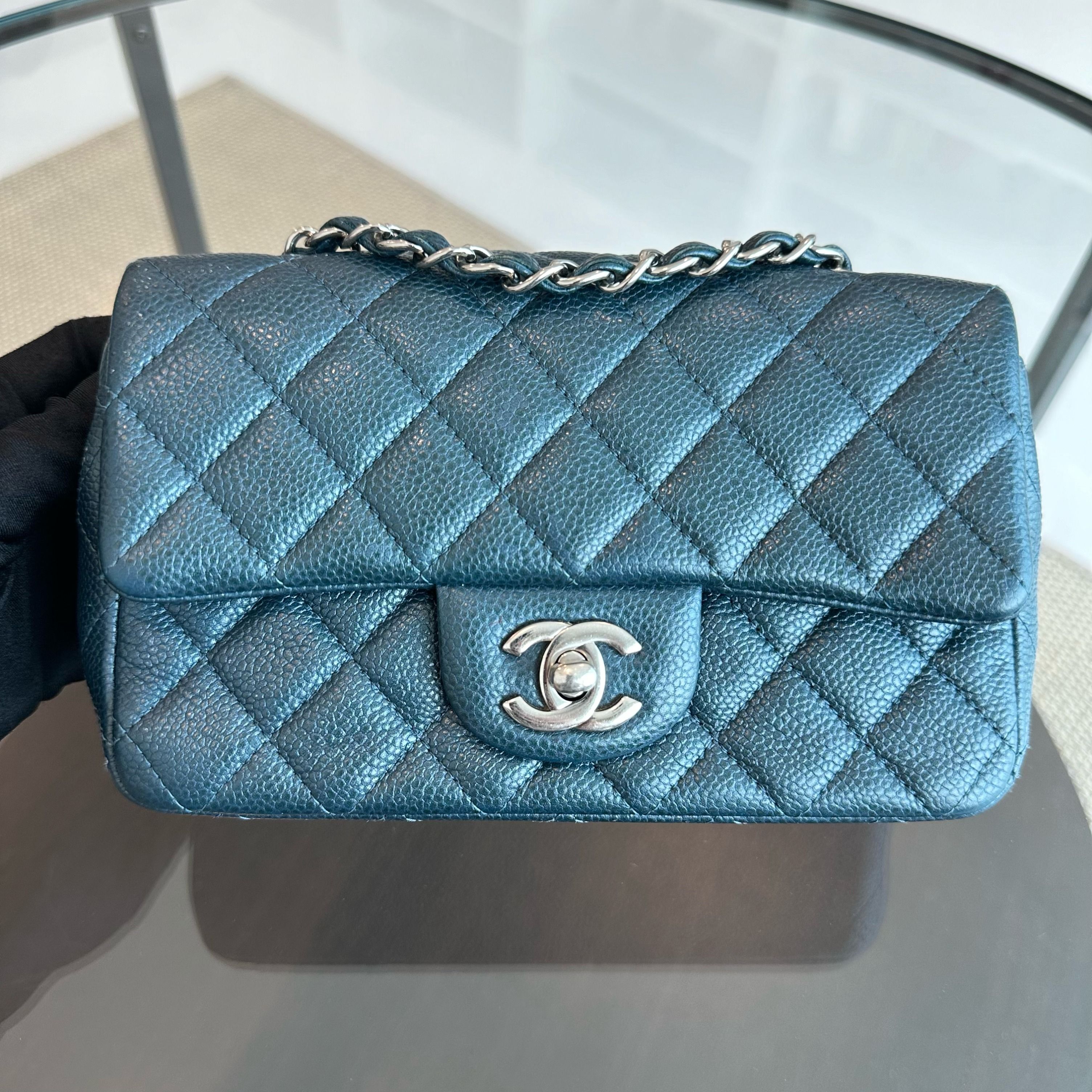 Chanel Caviar Mini Rectangular Classic Flap Iridescent Dark Blue No 20 - Luxury Evermore