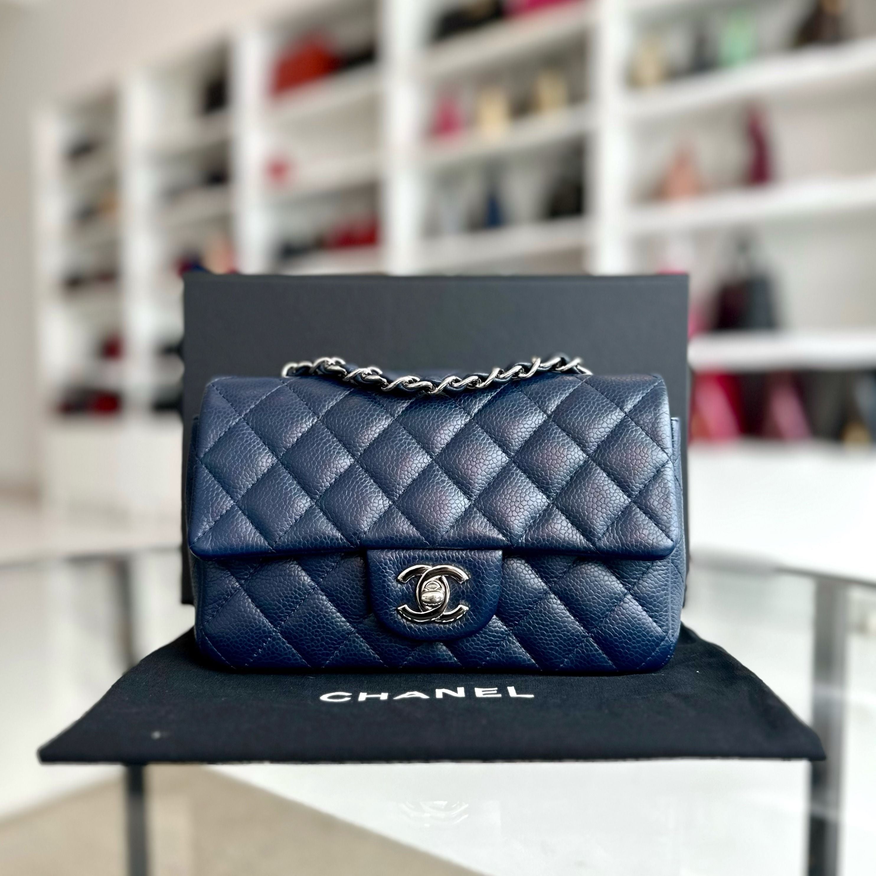 Chanel Caviar Mini Rectangular Classic Flap Mini Dark Blue No 18 - Luxury Evermore