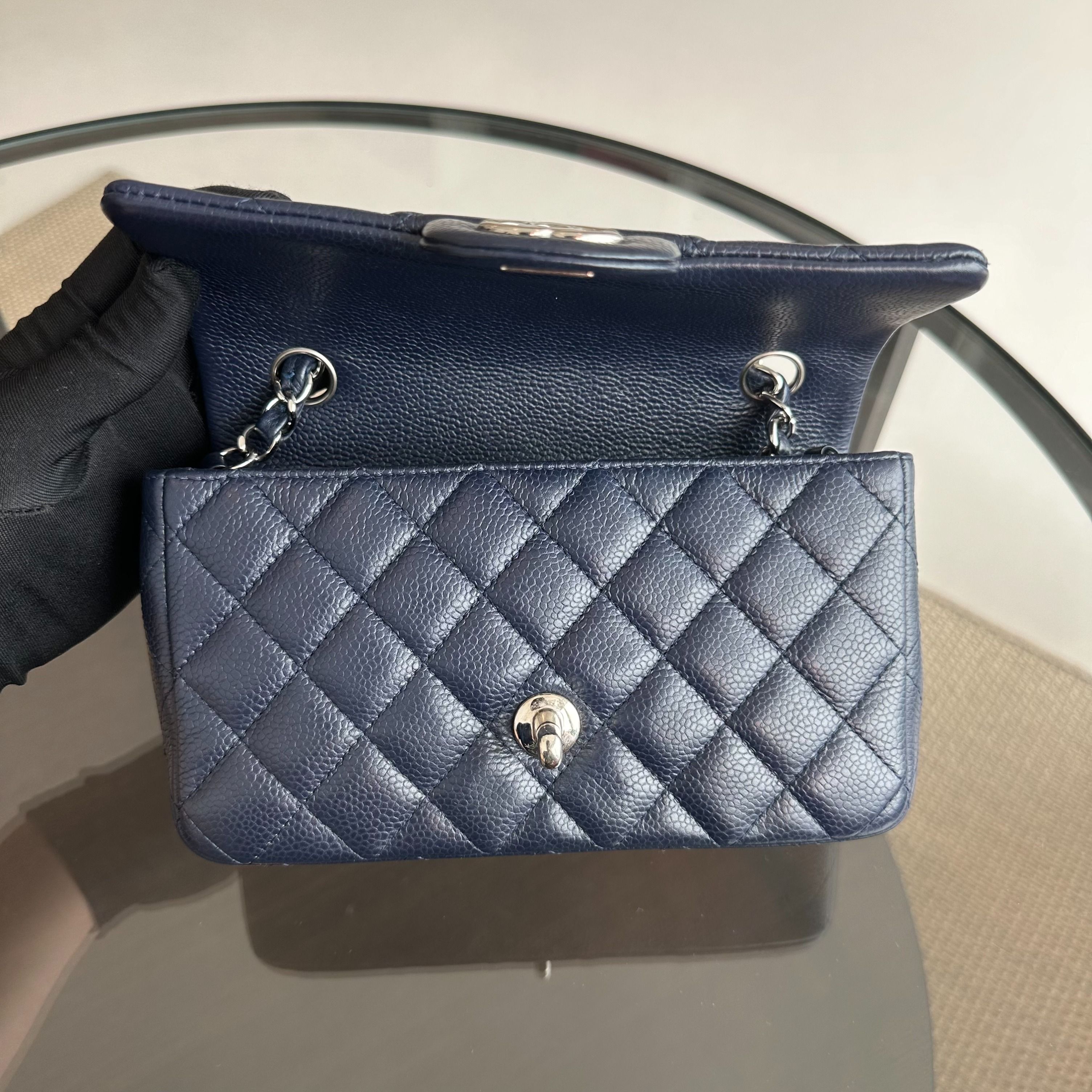 Chanel Caviar Mini Rectangular Classic Flap Mini Dark Blue No 18 - Luxury Evermore