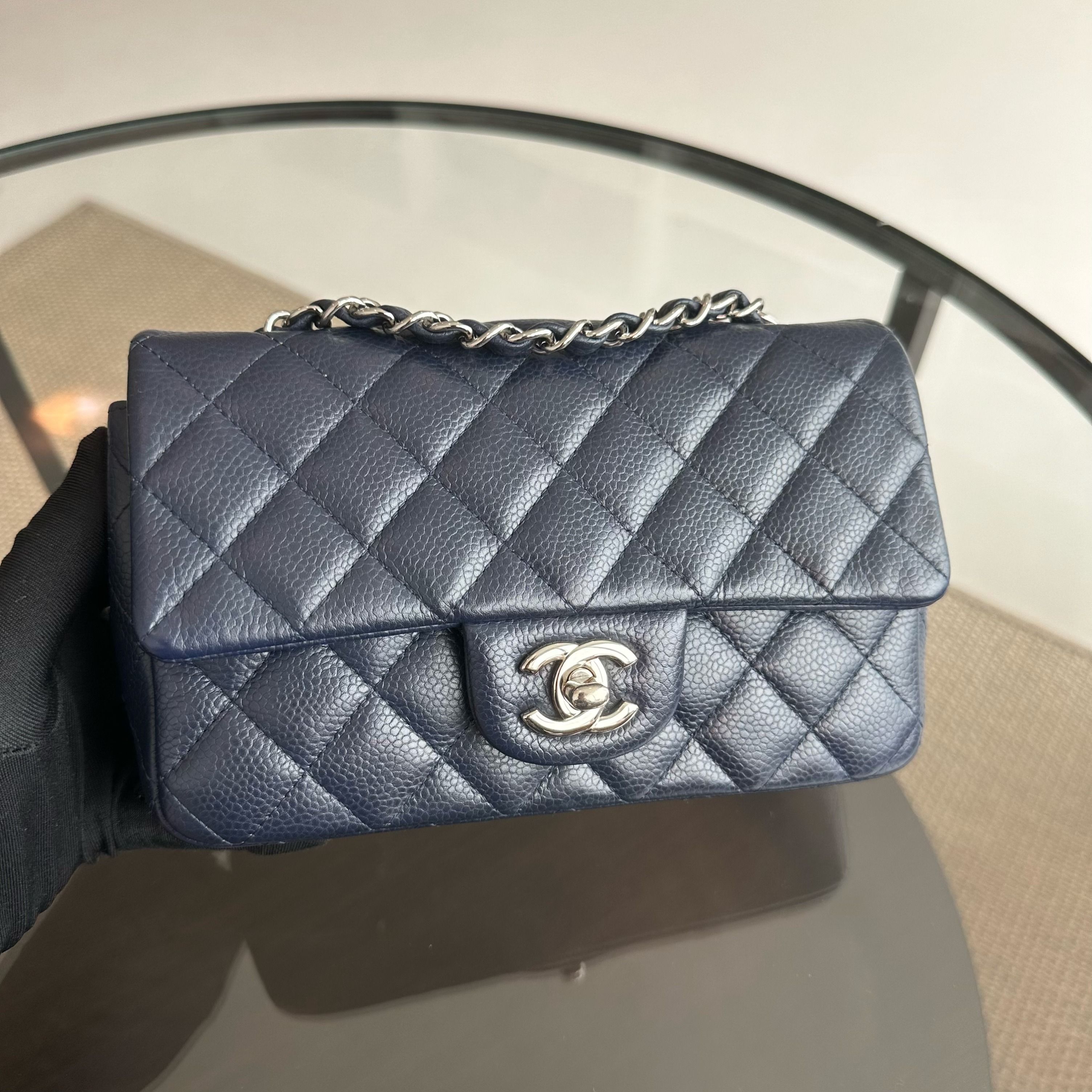 Chanel Caviar Mini Rectangular Classic Flap Mini Dark Blue No 18 - Luxury Evermore