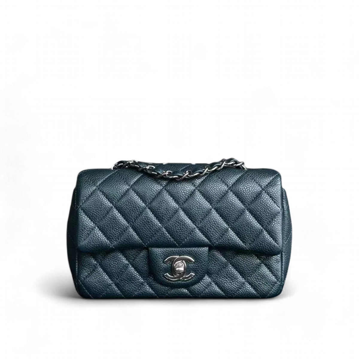 Caviar Mini Rectangular Classic Flap Quilted Calfskin Dark Green Silver Hardware