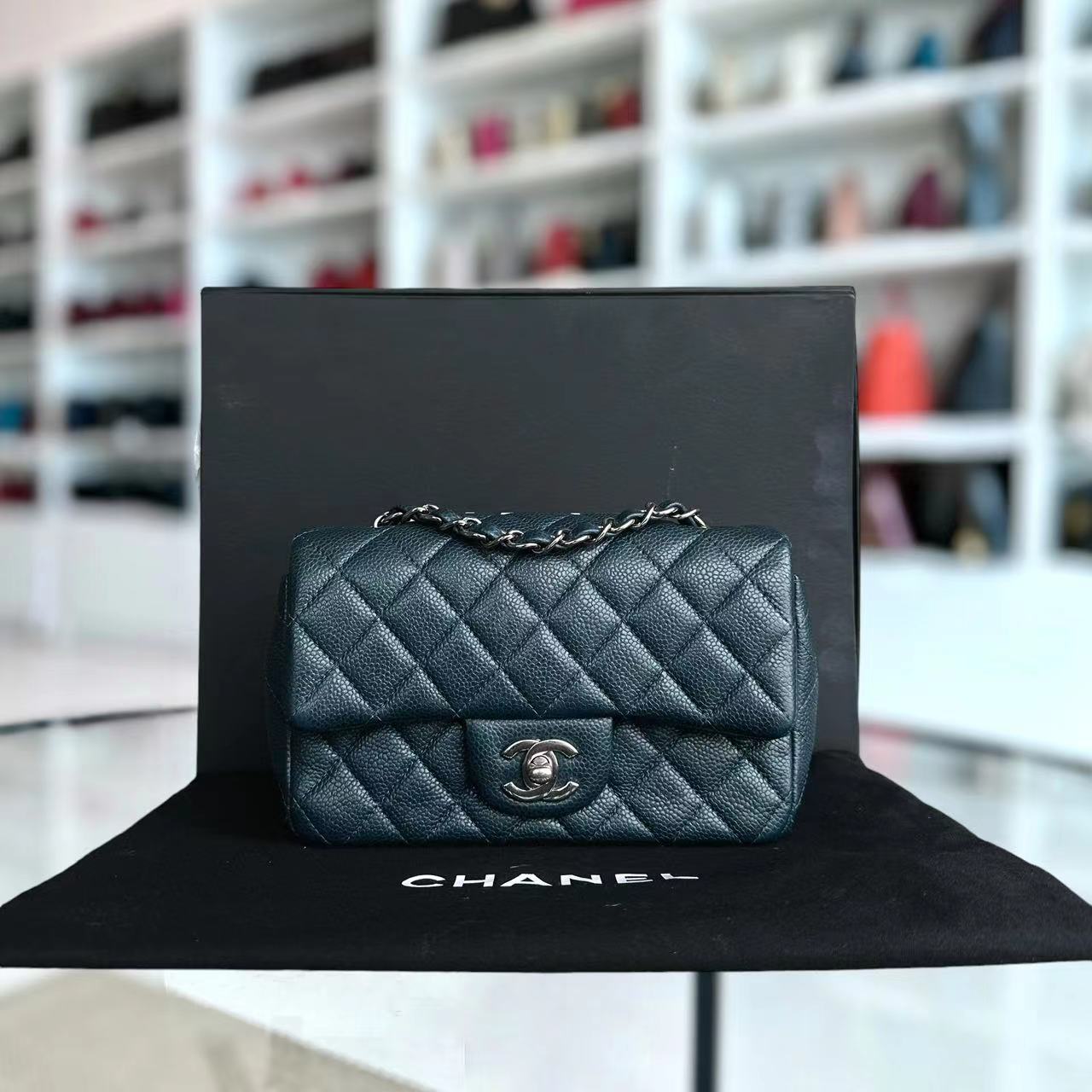 Chanel Caviar Mini Rectangular Classic Flap Quilted Calfskin Dark Green Silver Hardware - Luxury Evermore