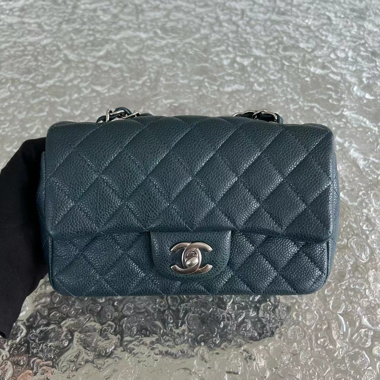 Chanel Caviar Mini Rectangular Classic Flap Quilted Calfskin Dark Green Silver Hardware - Luxury Evermore