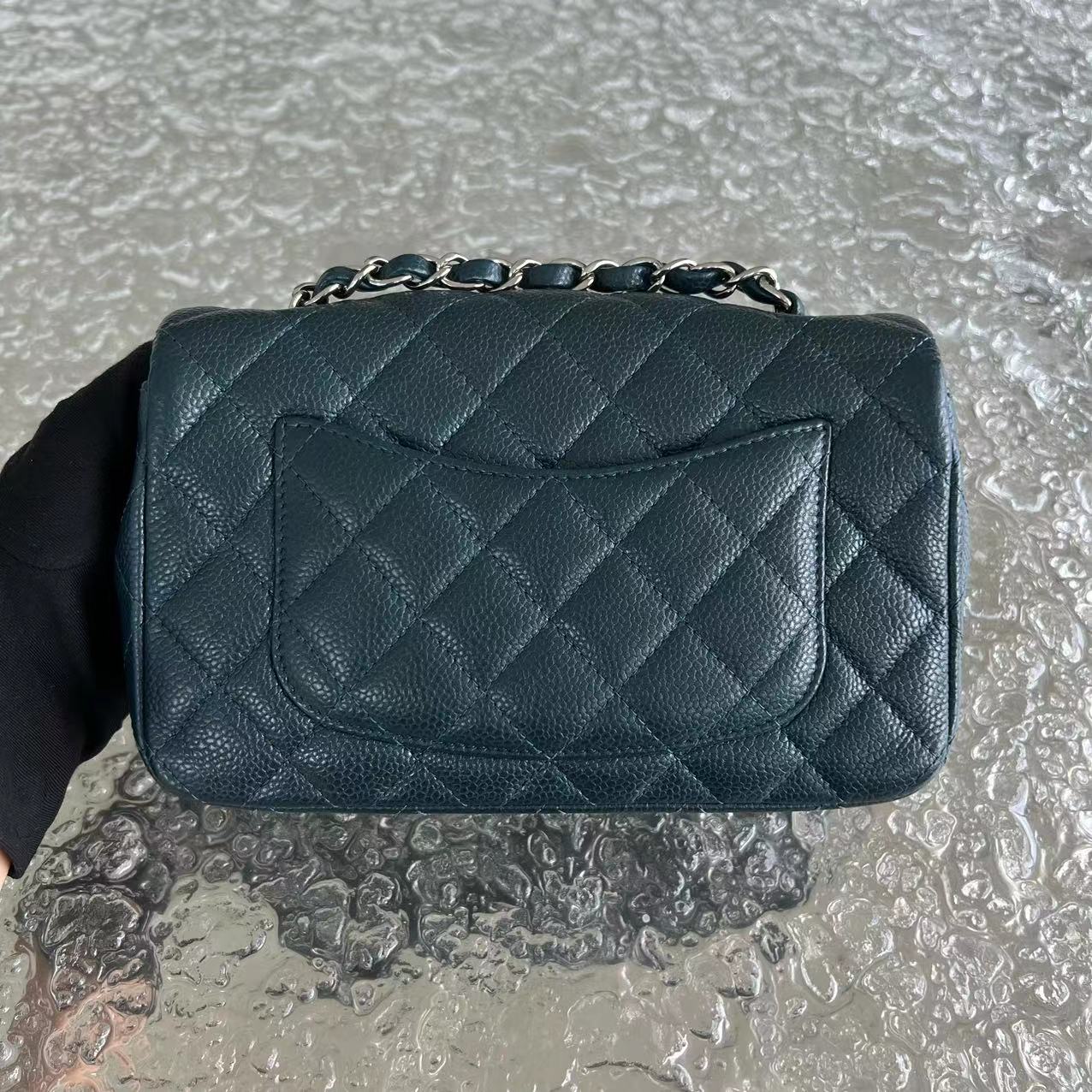 Chanel Caviar Mini Rectangular Classic Flap Quilted Calfskin Dark Green Silver Hardware - Luxury Evermore