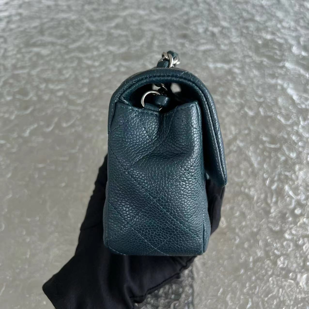 Chanel Caviar Mini Rectangular Classic Flap Quilted Calfskin Dark Green Silver Hardware - Luxury Evermore