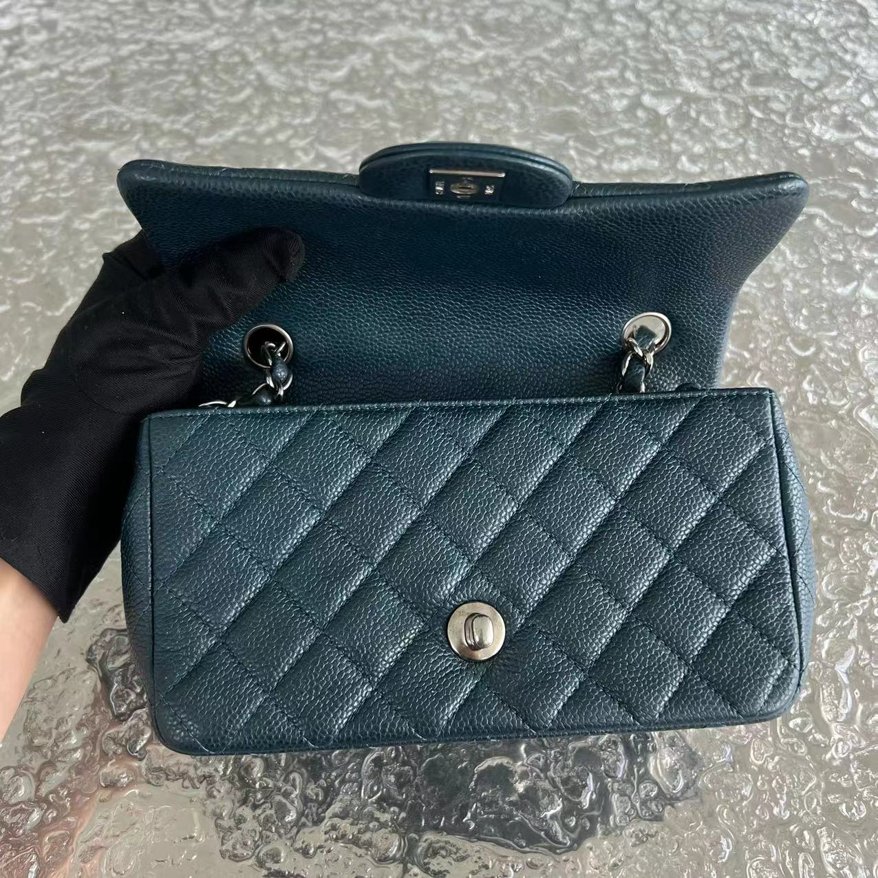 Chanel Caviar Mini Rectangular Classic Flap Quilted Calfskin Dark Green Silver Hardware - Luxury Evermore