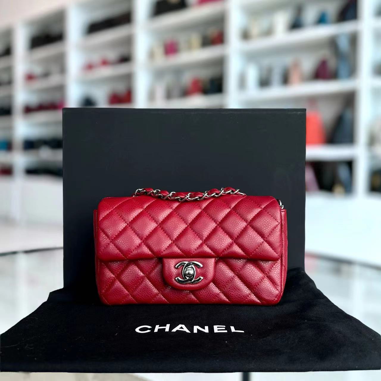 Chanel Caviar Mini Rectangular Classic Flap Quilted Calfskin Dark Red Burgundy No 17 - Luxury Evermore