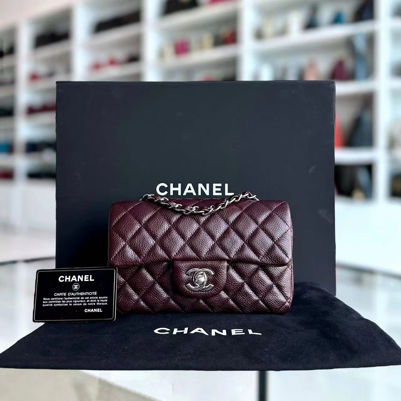 Chanel Caviar Mini Rectangular Classic Flap Quilted Grained Calfskin Burgundy Silver Hardware Series 20 - Luxury Evermore