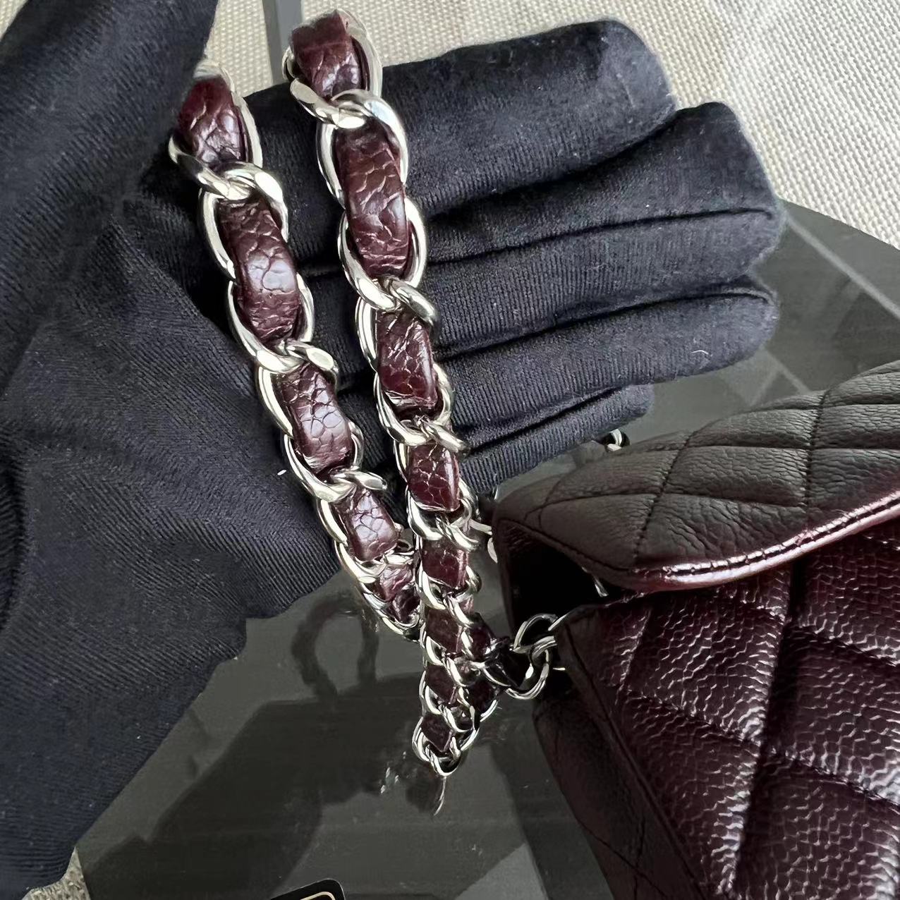 Chanel Caviar Mini Rectangular Classic Flap Quilted Grained Calfskin Burgundy Silver Hardware Series 20 - Luxury Evermore