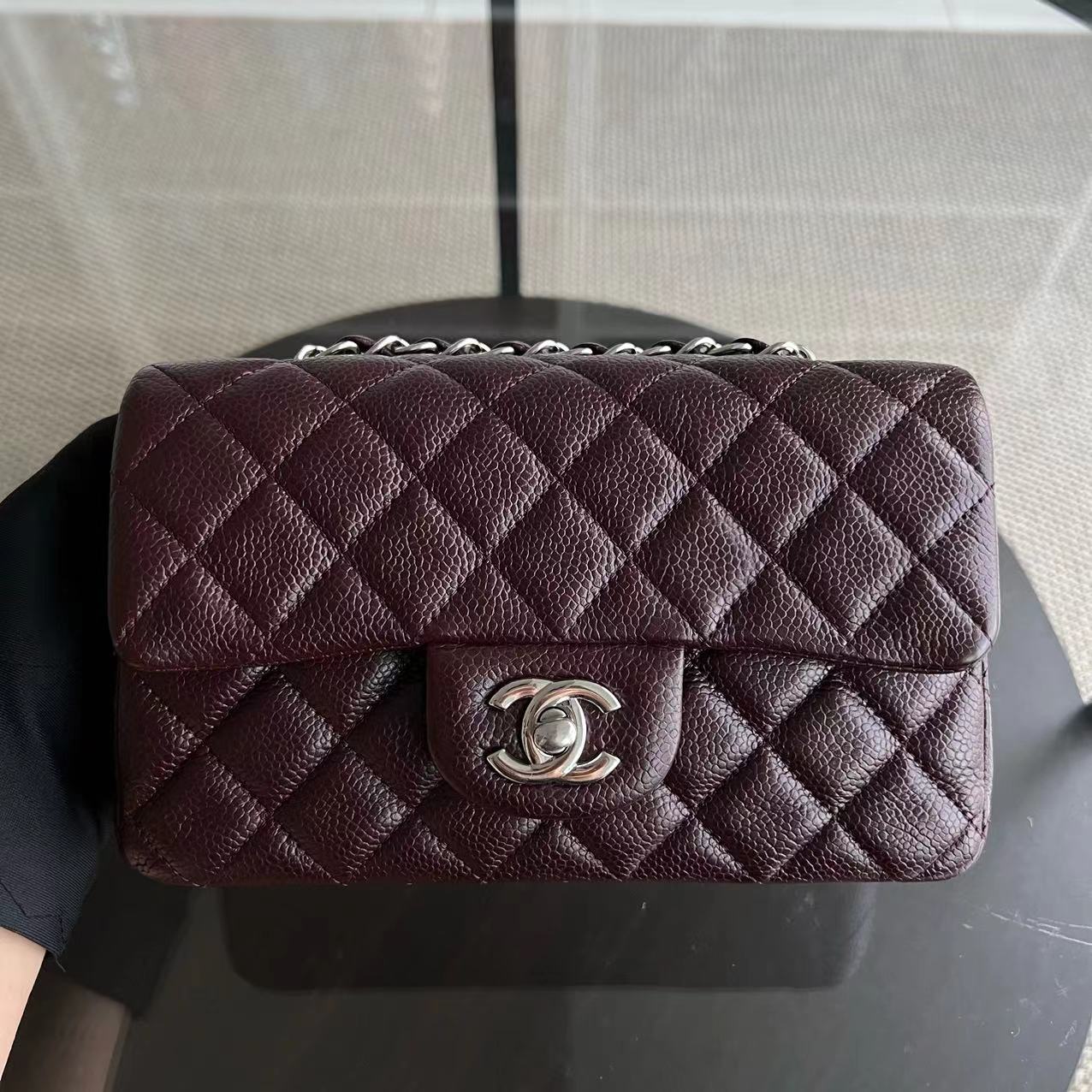 Chanel Caviar Mini Rectangular Classic Flap Quilted Grained Calfskin Burgundy Silver Hardware Series 20 - Luxury Evermore