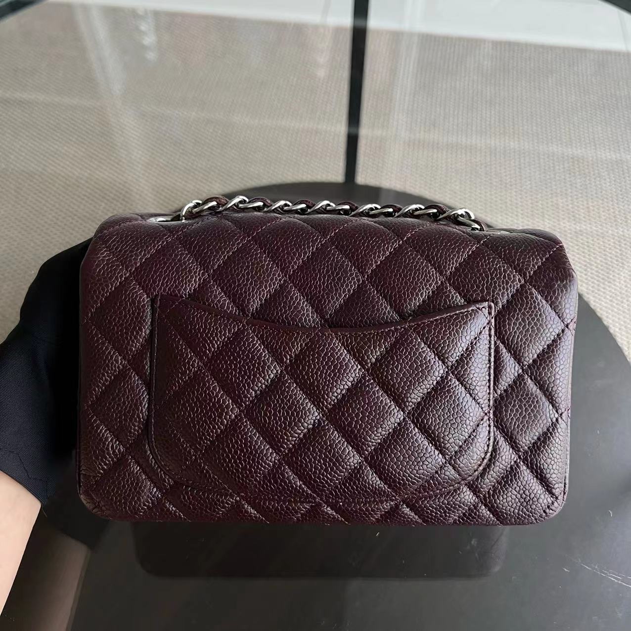 Chanel Caviar Mini Rectangular Classic Flap Quilted Grained Calfskin Burgundy Silver Hardware Series 20 - Luxury Evermore