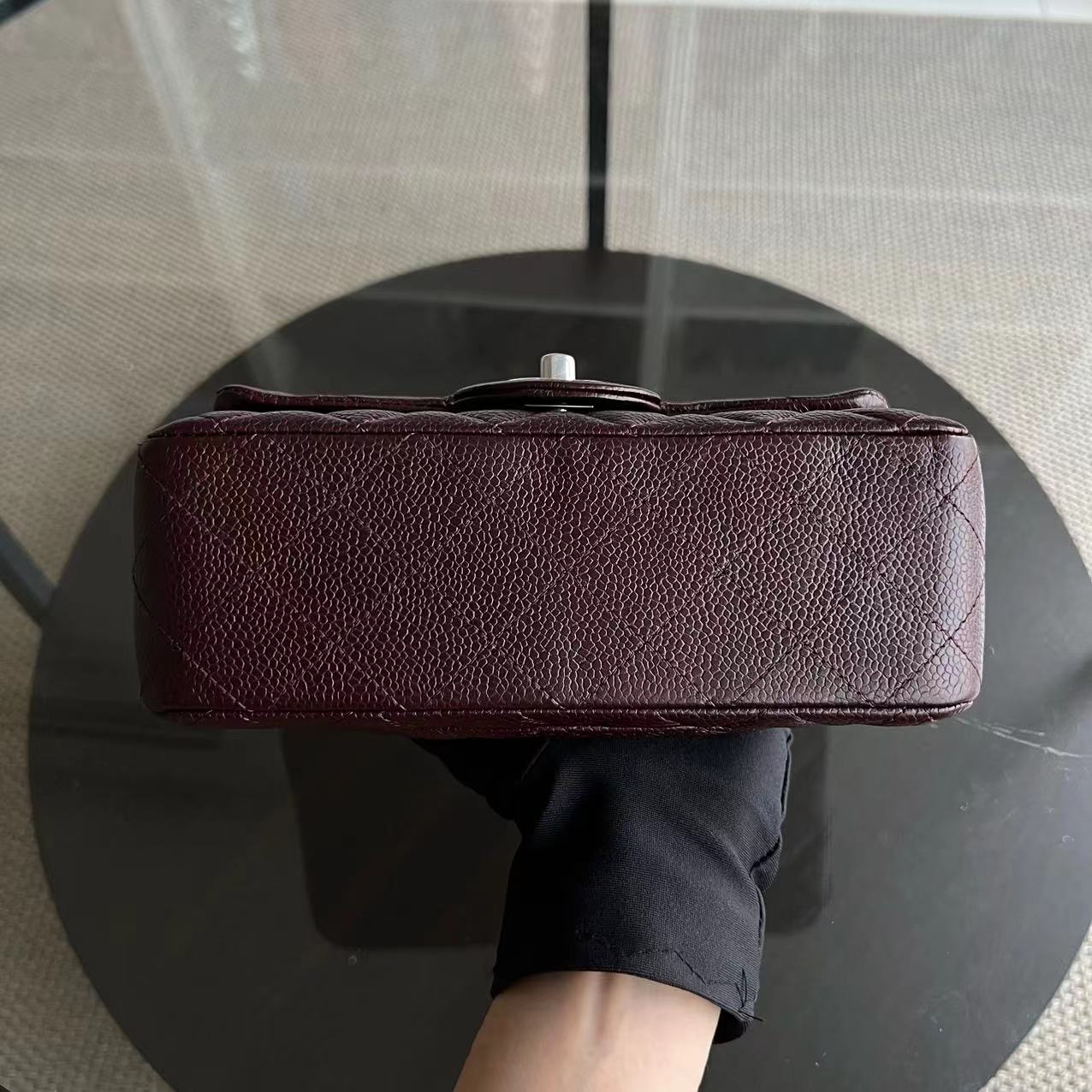 Chanel Caviar Mini Rectangular Classic Flap Quilted Grained Calfskin Burgundy Silver Hardware Series 20 - Luxury Evermore