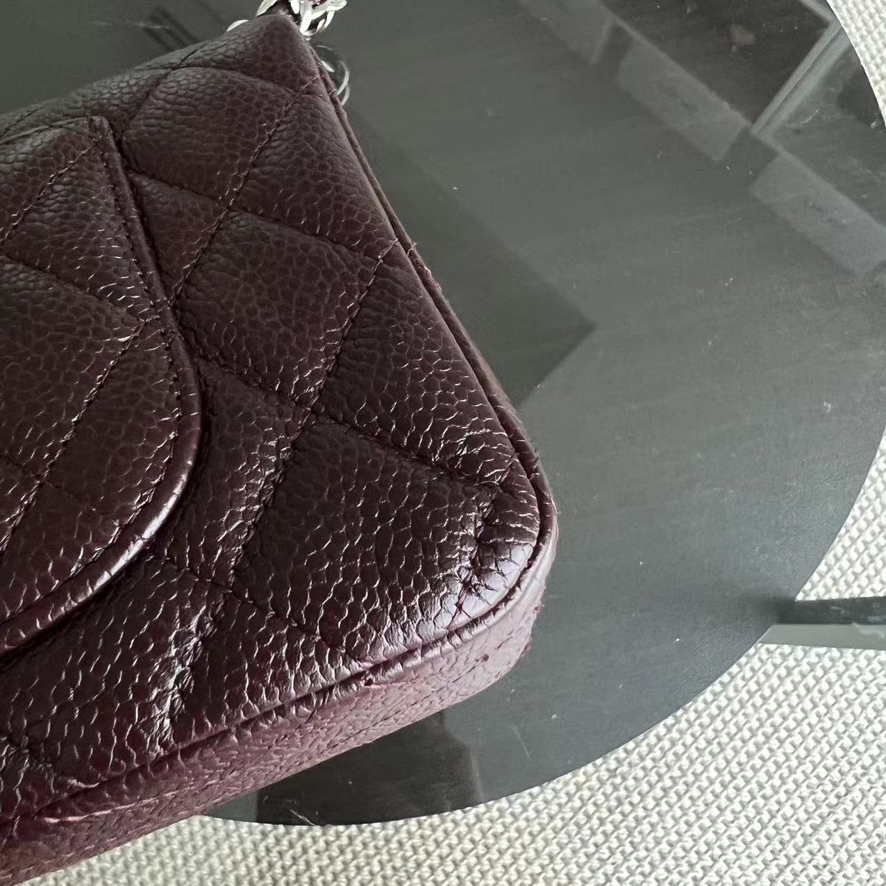 Chanel Caviar Mini Rectangular Classic Flap Quilted Grained Calfskin Burgundy Silver Hardware Series 20 - Luxury Evermore