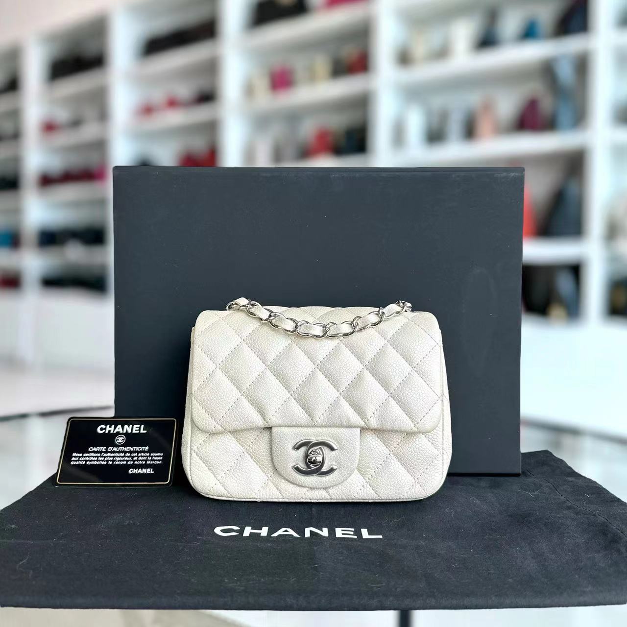 Chanel Caviar Mini Square Classic Flap 17CM Quilted Calfskin Pearl White SHW No 20 - Luxury Evermore