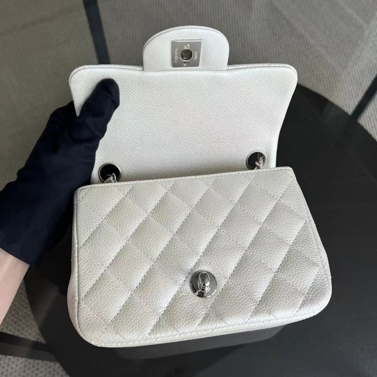 Chanel Caviar Mini Square Classic Flap 17CM Quilted Calfskin Pearl White SHW No 20 - Luxury Evermore