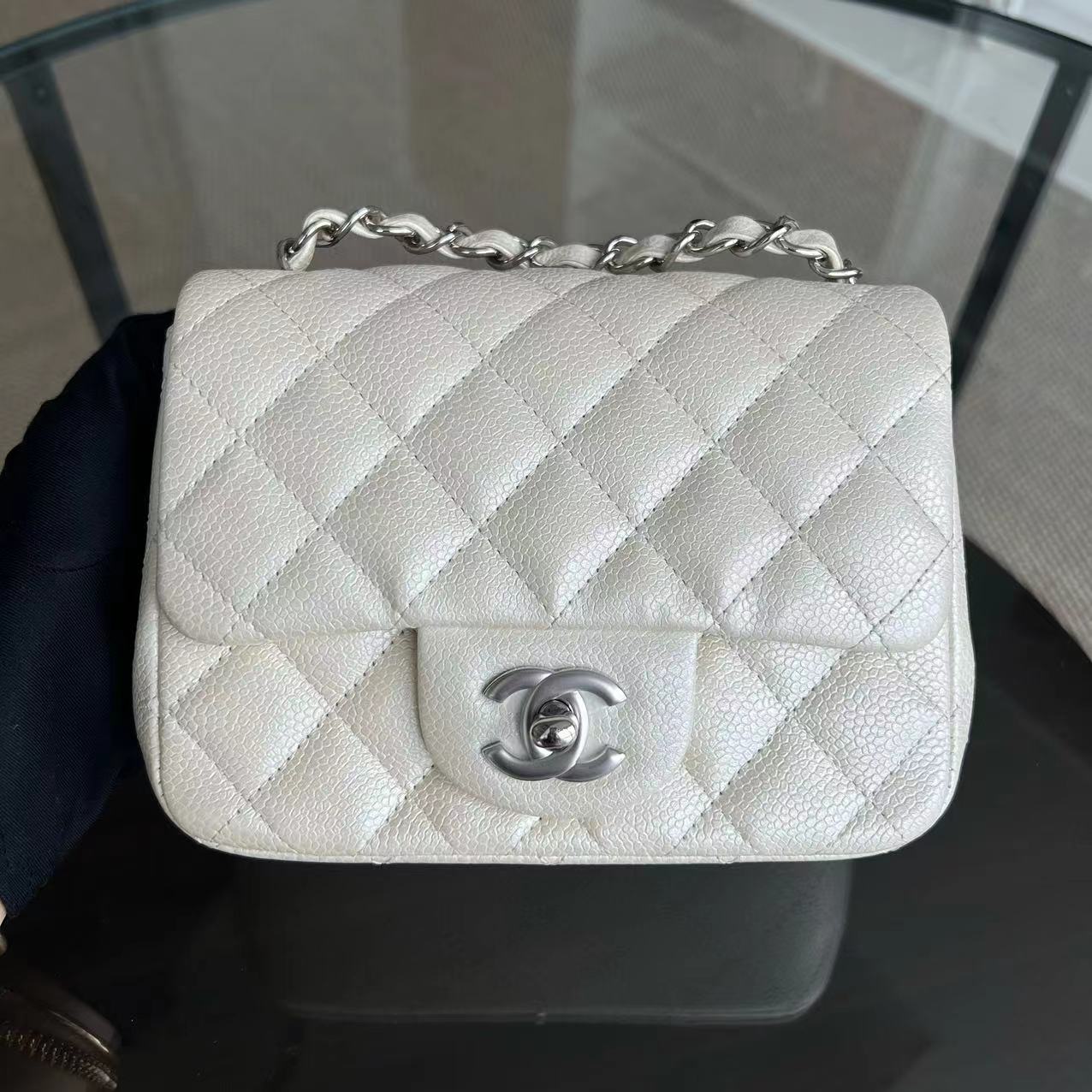 Chanel Caviar Mini Square Classic Flap 17CM Quilted Calfskin Pearl White SHW No 20 - Luxury Evermore