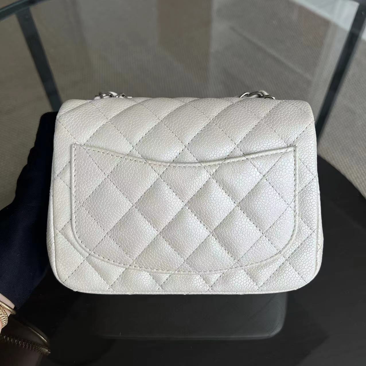 Chanel Caviar Mini Square Classic Flap 17CM Quilted Calfskin Pearl White SHW No 20 - Luxury Evermore