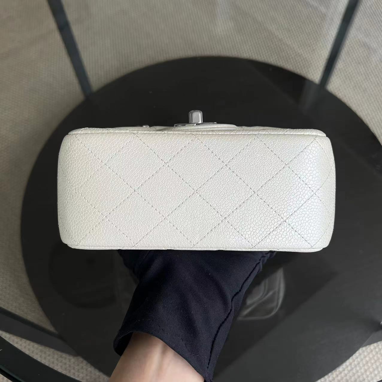 Chanel Caviar Mini Square Classic Flap 17CM Quilted Calfskin Pearl White SHW No 20 - Luxury Evermore