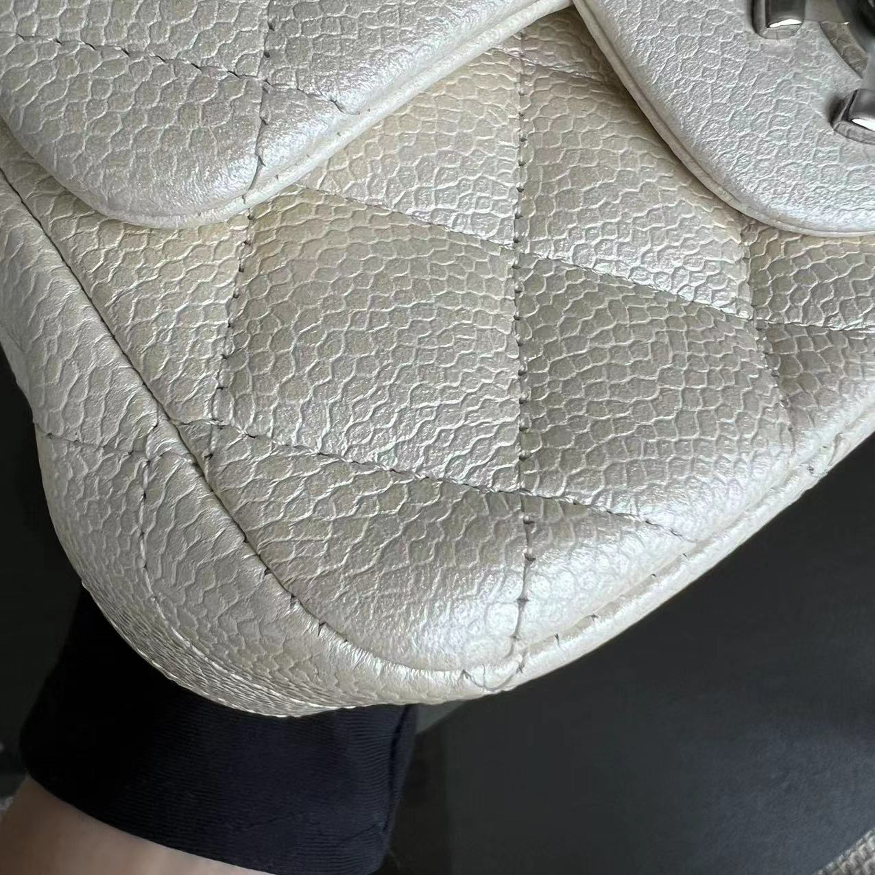 Chanel Caviar Mini Square Classic Flap 17CM Quilted Calfskin Pearl White SHW No 20 - Luxury Evermore