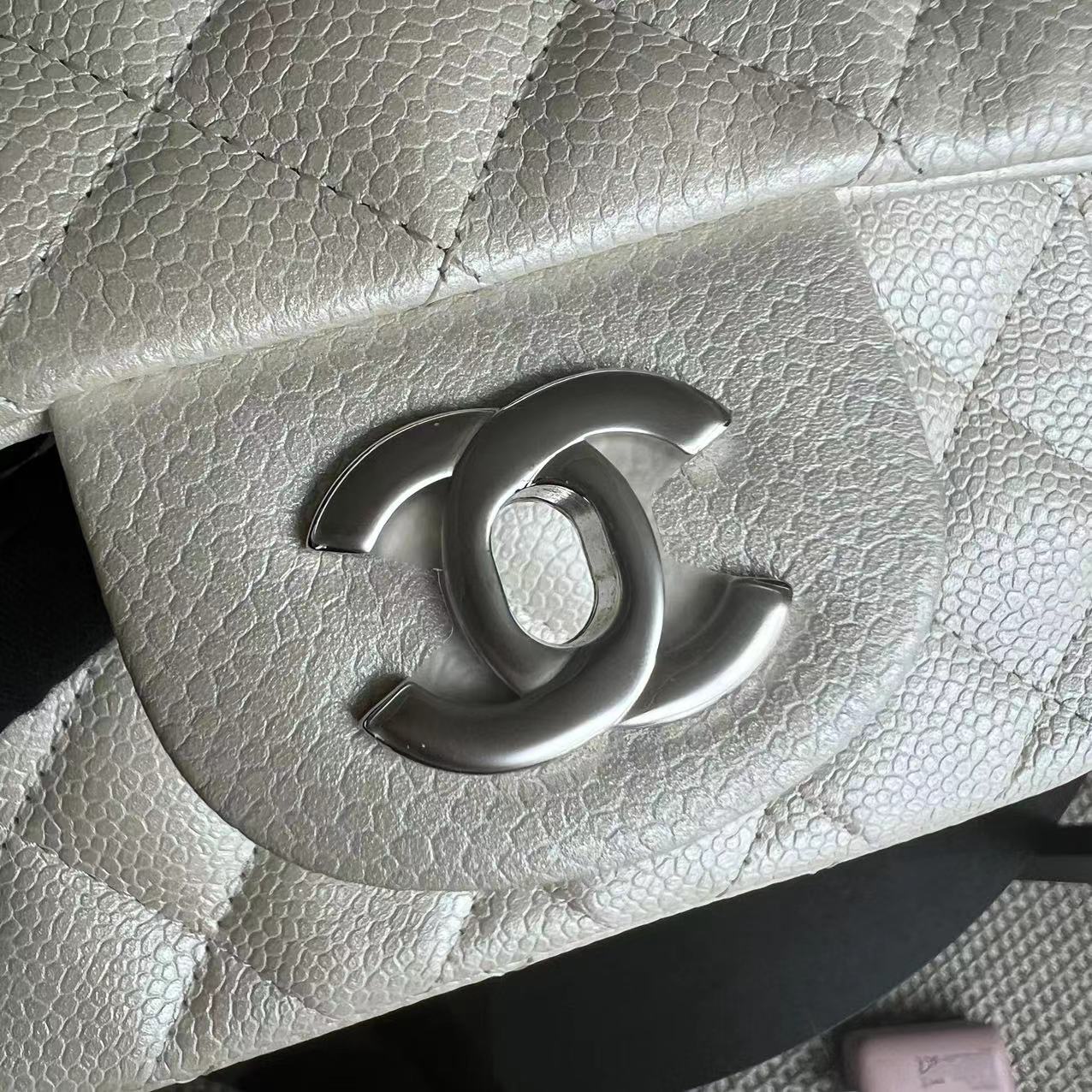 Chanel Caviar Mini Square Classic Flap 17CM Quilted Calfskin Pearl White SHW No 20 - Luxury Evermore