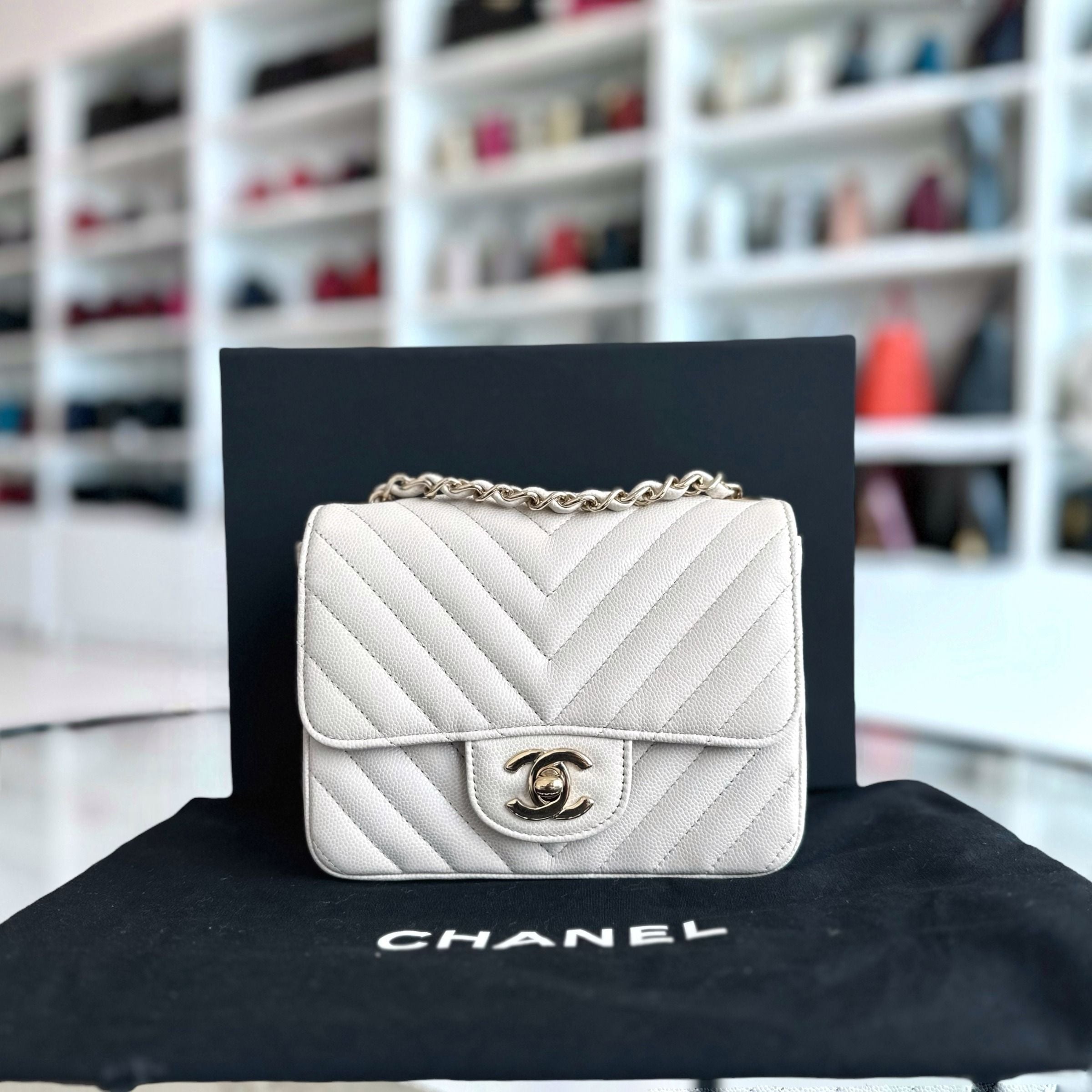 Chanel Caviar Mini Square Classic Flap Chevron White GHW No 26 - Luxury Evermore