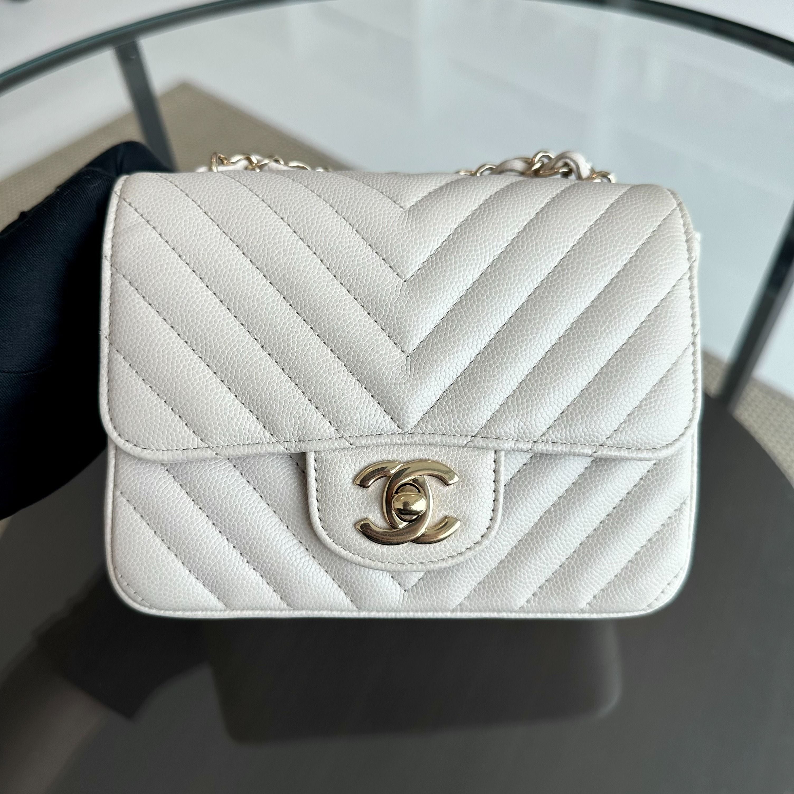 Chanel Caviar Mini Square Classic Flap Chevron White GHW No 26 - Luxury Evermore