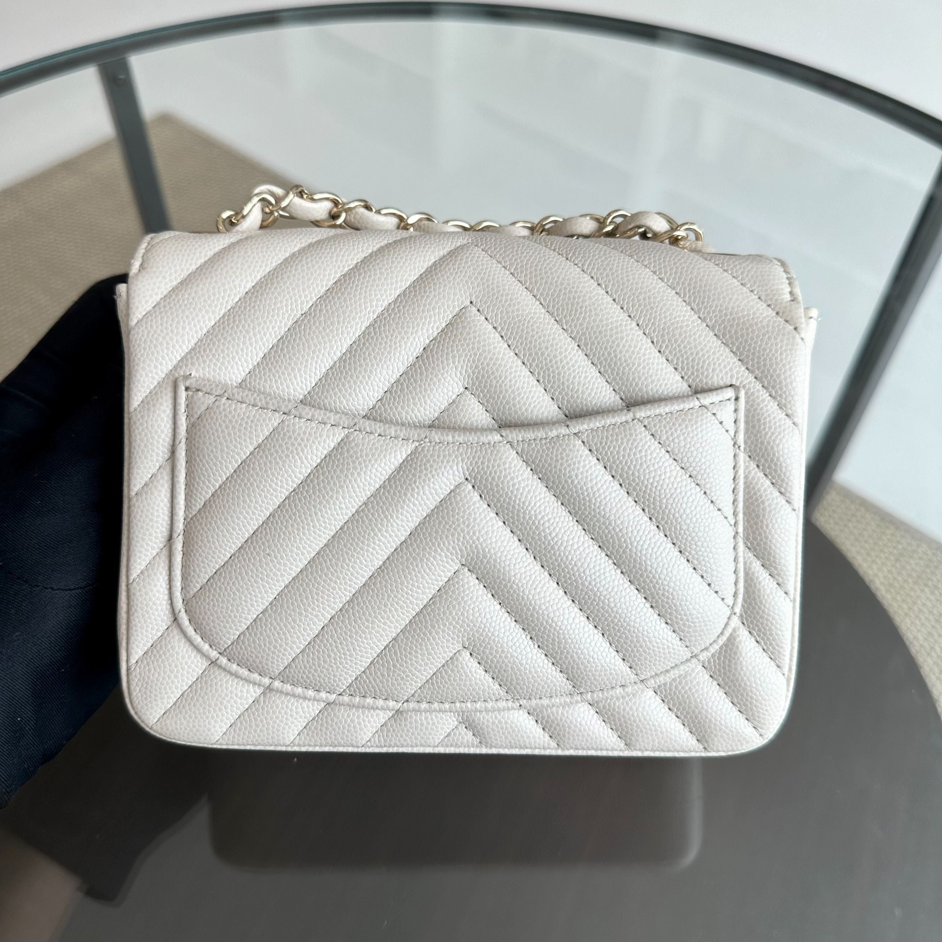 Chanel Caviar Mini Square Classic Flap Chevron White GHW No 26 - Luxury Evermore