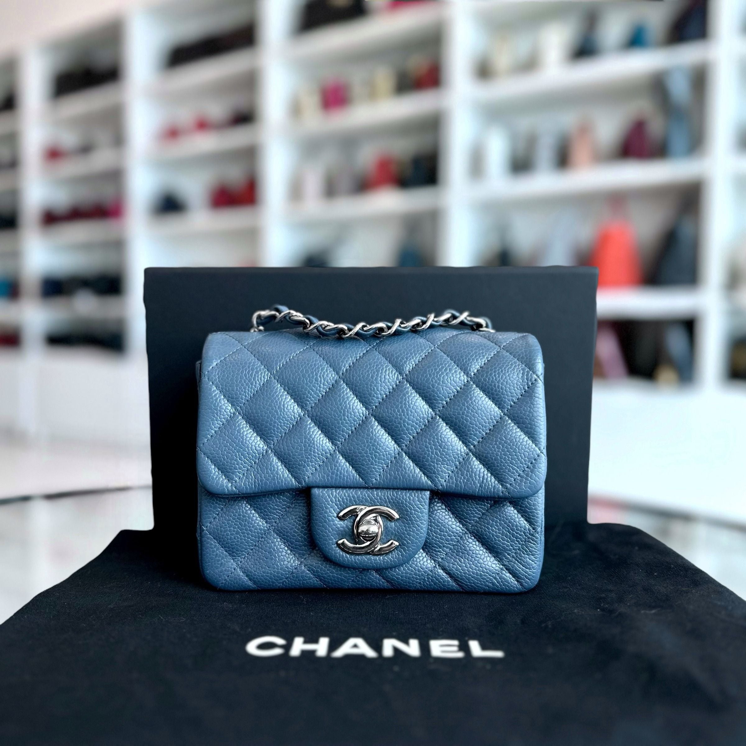 Chanel Caviar Mini Square Classic Flap Quilted Calfskin Blue SHW No 19 - Luxury Evermore