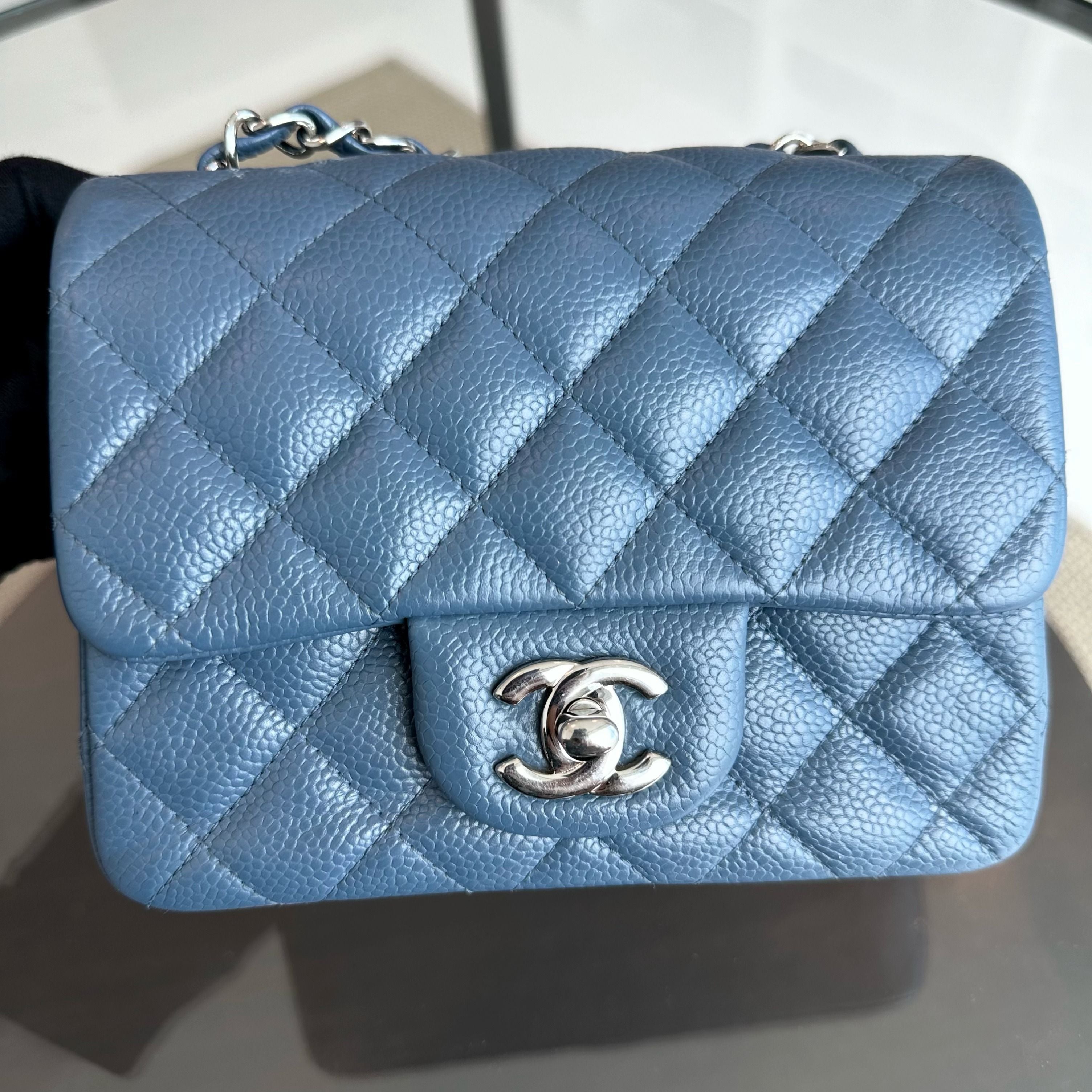 Chanel Caviar Mini Square Classic Flap Quilted Calfskin Blue SHW No 19 - Luxury Evermore