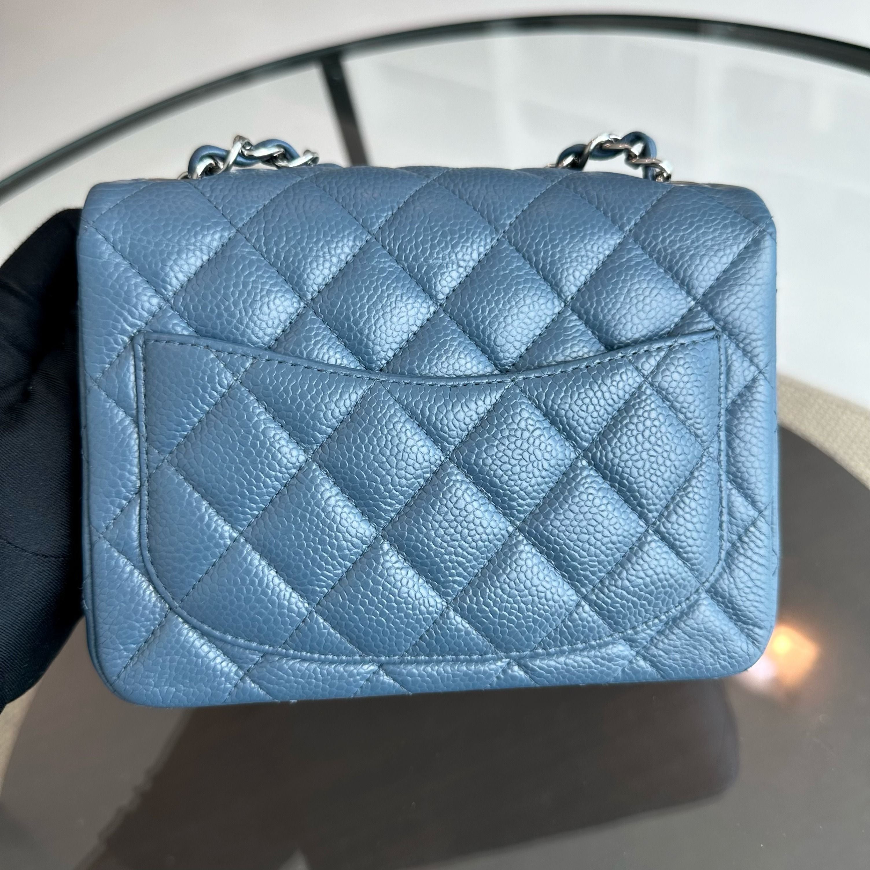 Chanel Caviar Mini Square Classic Flap Quilted Calfskin Blue SHW No 19 - Luxury Evermore