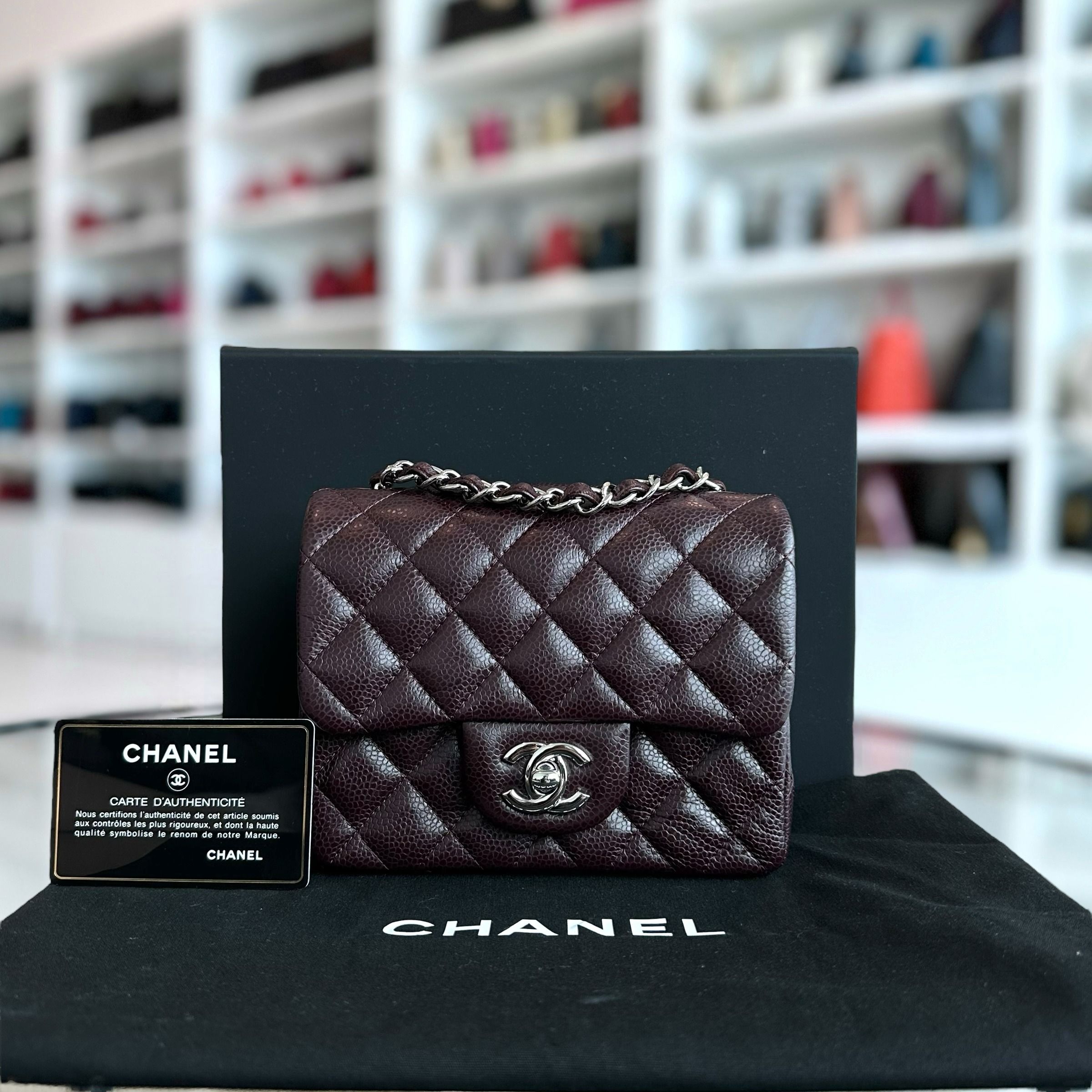 Chanel Caviar Mini Square Classic Flap Quilted Calfskin Burgundy SHW No 20 - Luxury Evermore