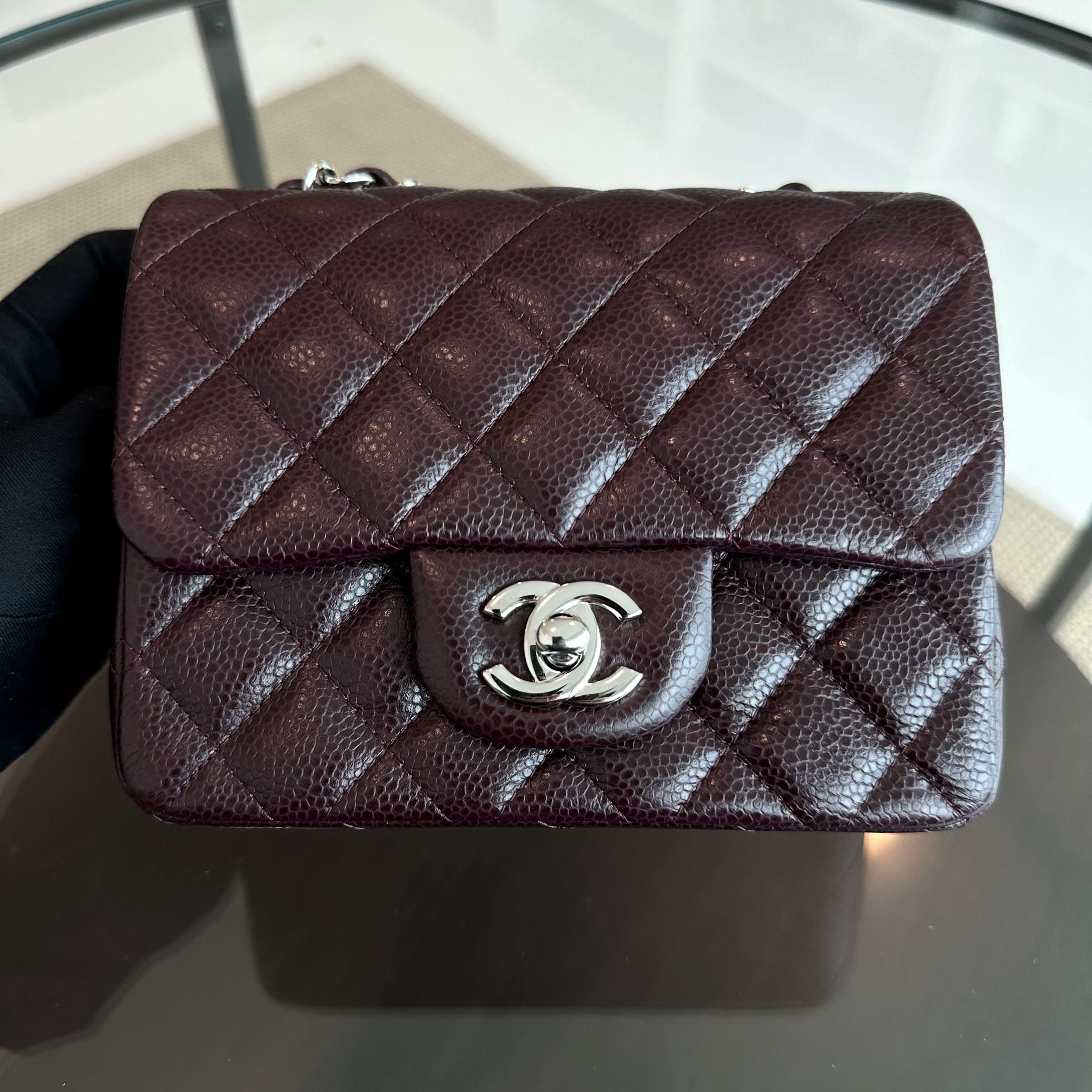 Chanel Caviar Mini Square Classic Flap Quilted Calfskin Burgundy SHW No 20 - Luxury Evermore