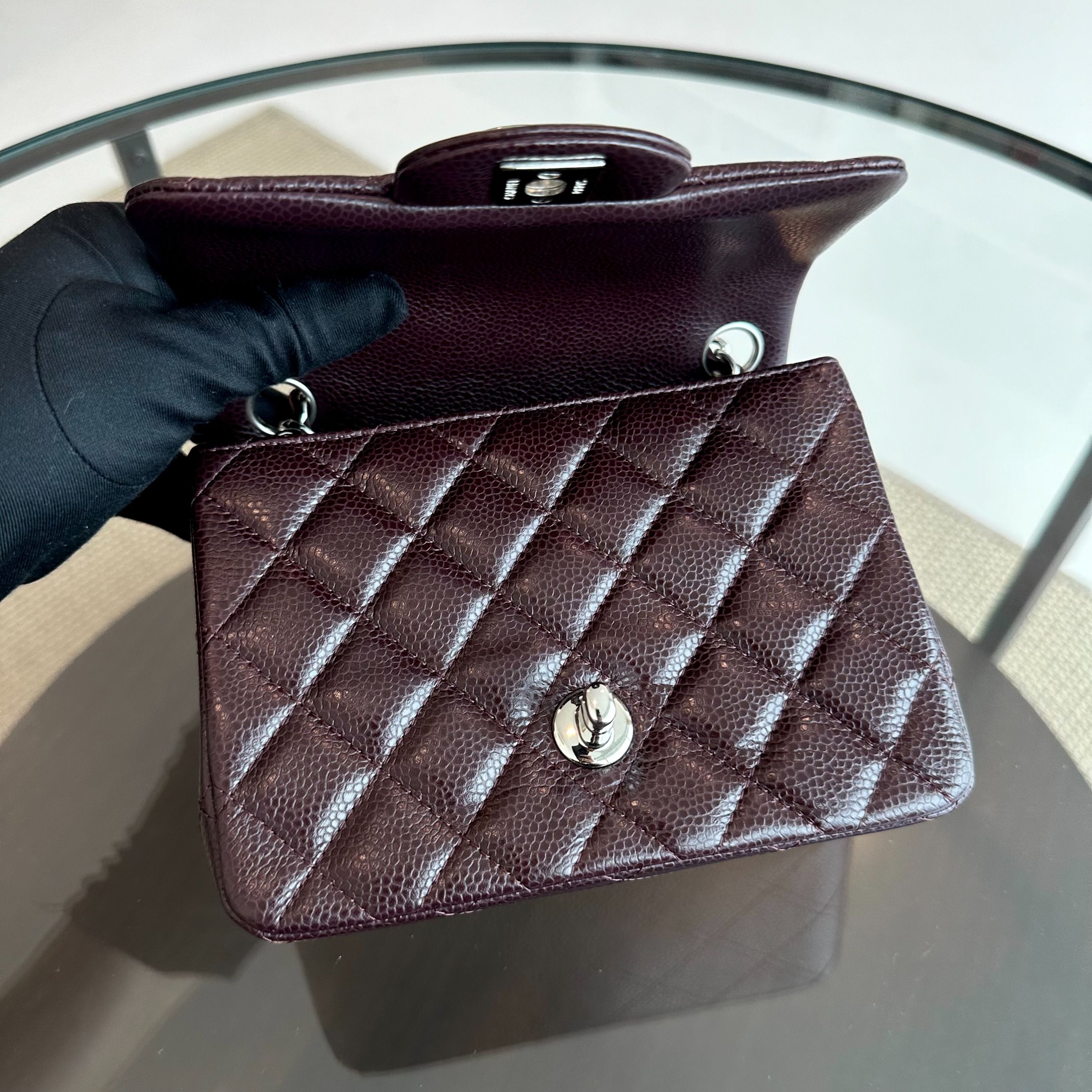 Chanel Caviar Mini Square Classic Flap Quilted Calfskin Burgundy SHW No 20 - Luxury Evermore