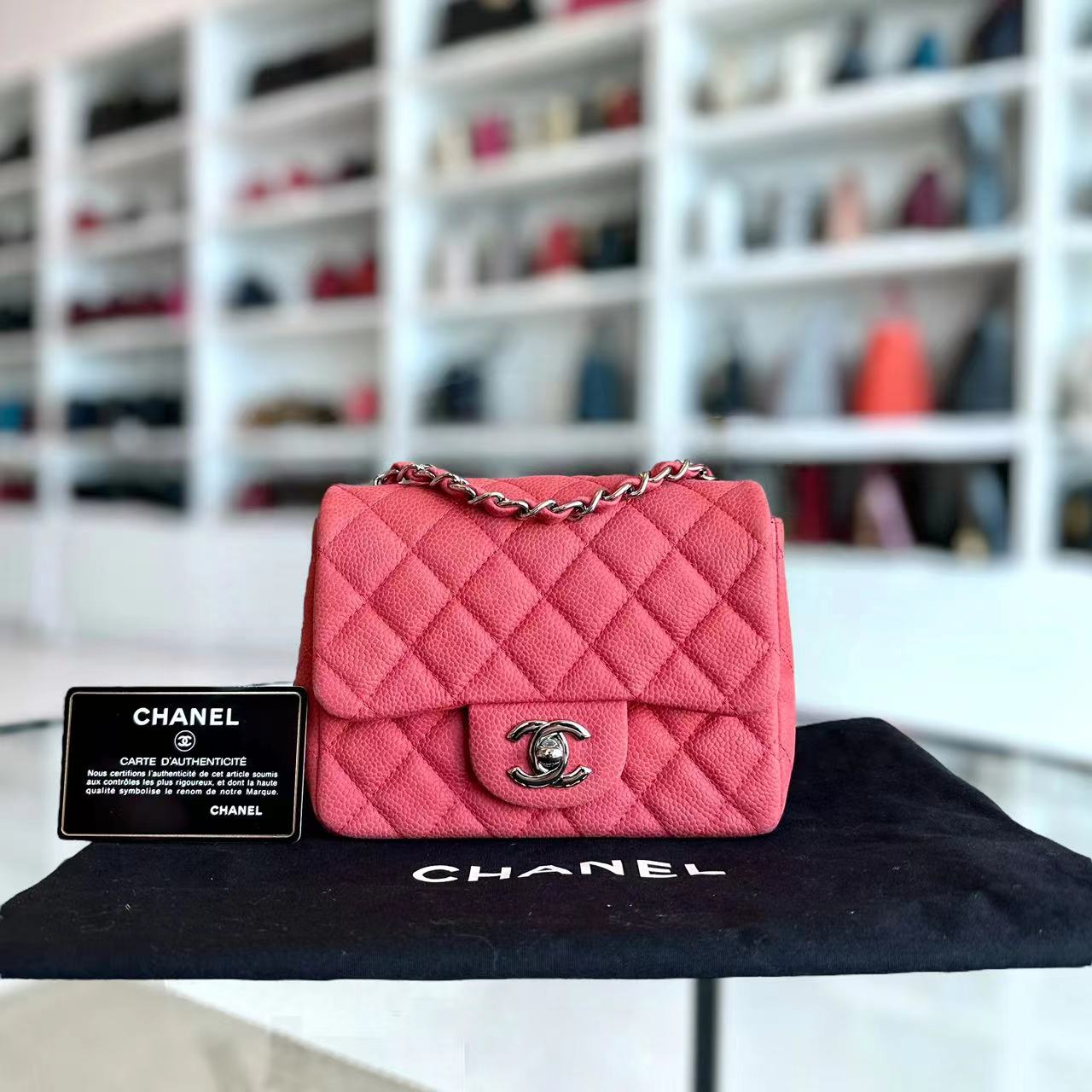 Chanel Caviar Mini Square Classic Flap Quilted Calfskin Pink SHW No 17 - Luxury Evermore