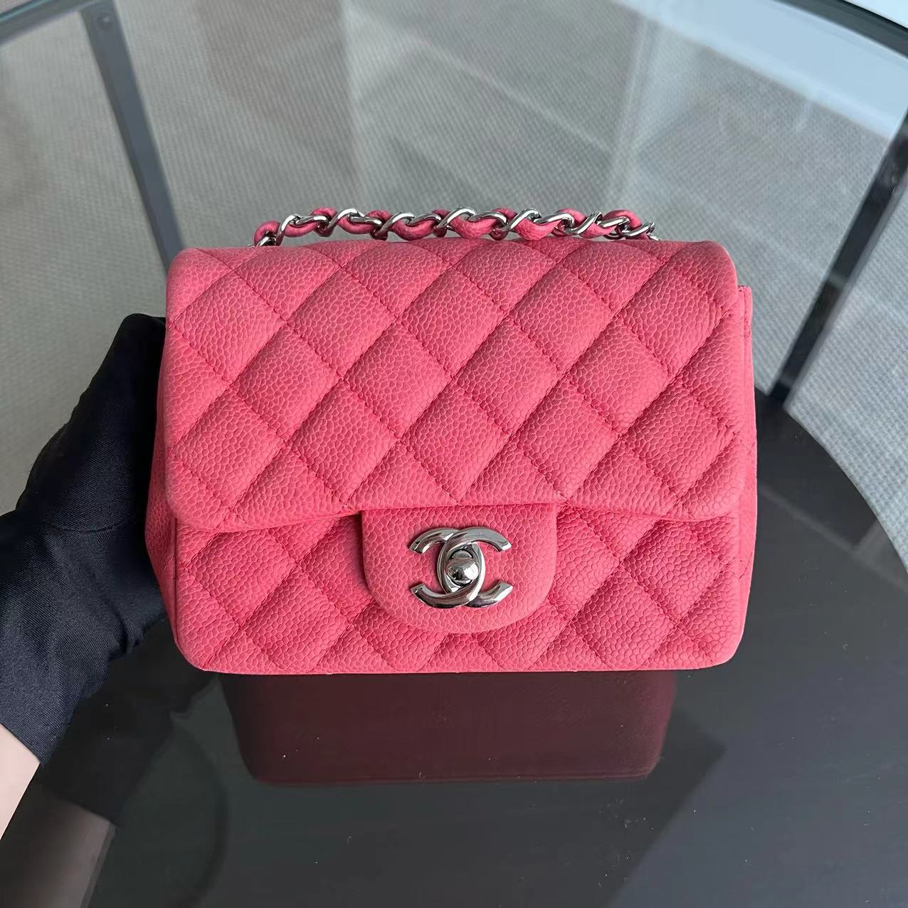 Chanel Caviar Mini Square Classic Flap Quilted Calfskin Pink SHW No 17 - Luxury Evermore