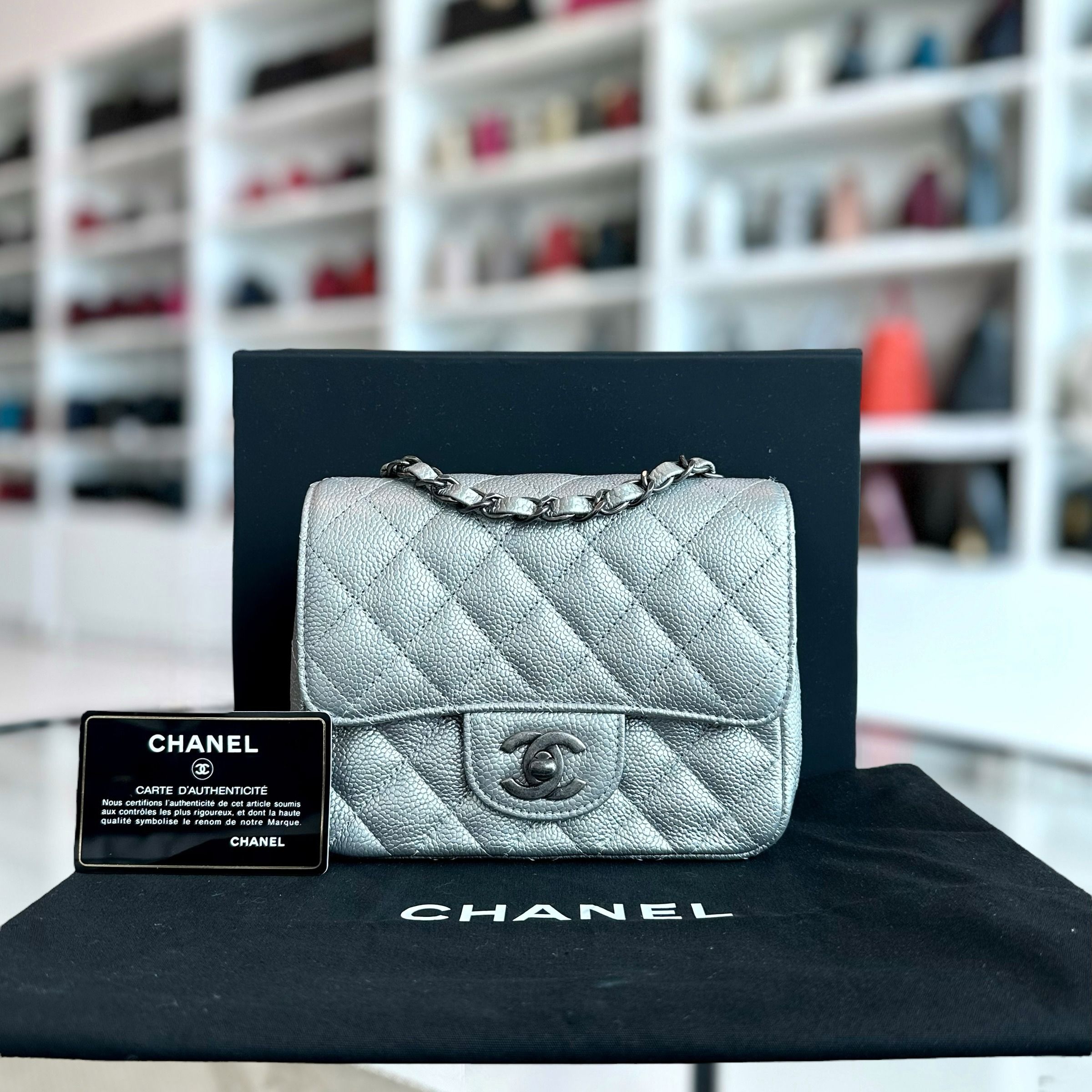 Chanel Caviar Mini Square Quilted Grained Calfskin Silver RSHW No 24 - Luxury Evermore