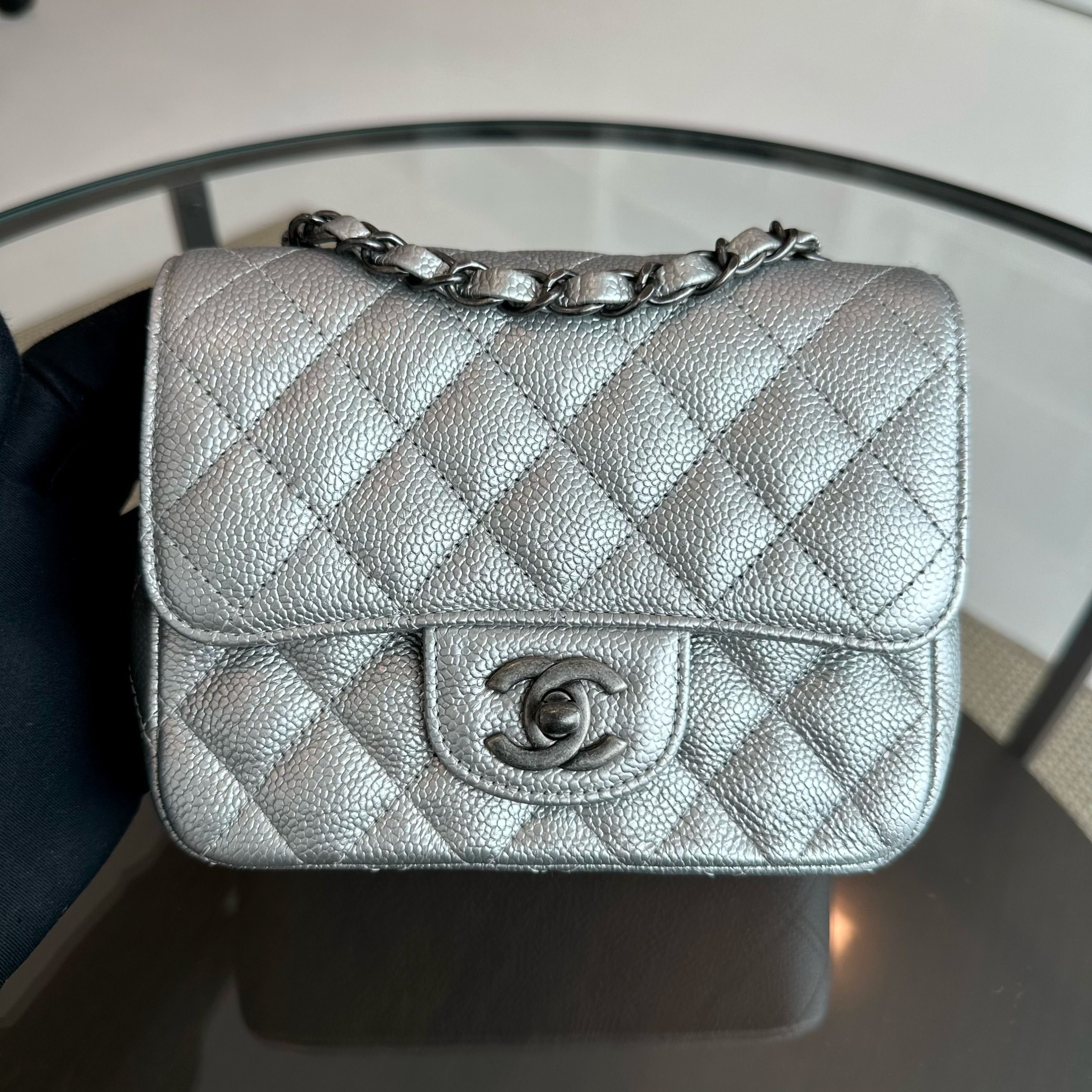 Chanel Caviar Mini Square Quilted Grained Calfskin Silver RSHW No 24 - Luxury Evermore