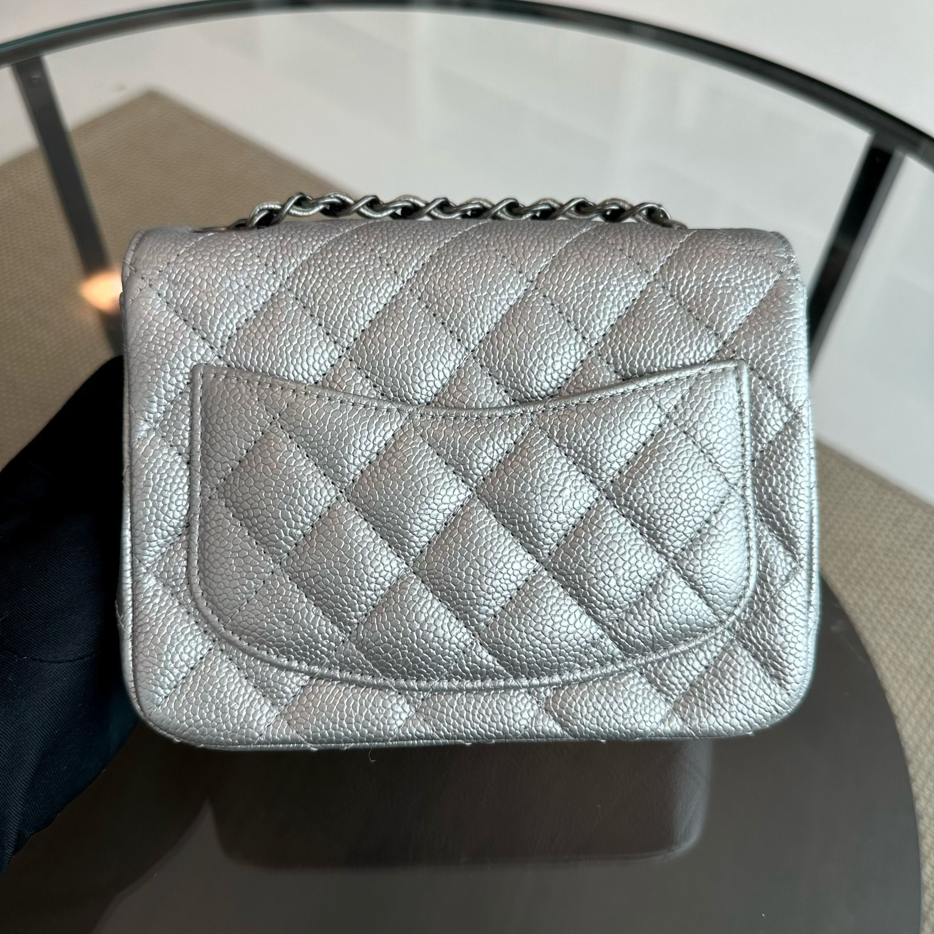 Chanel Caviar Mini Square Quilted Grained Calfskin Silver RSHW No 24 - Luxury Evermore