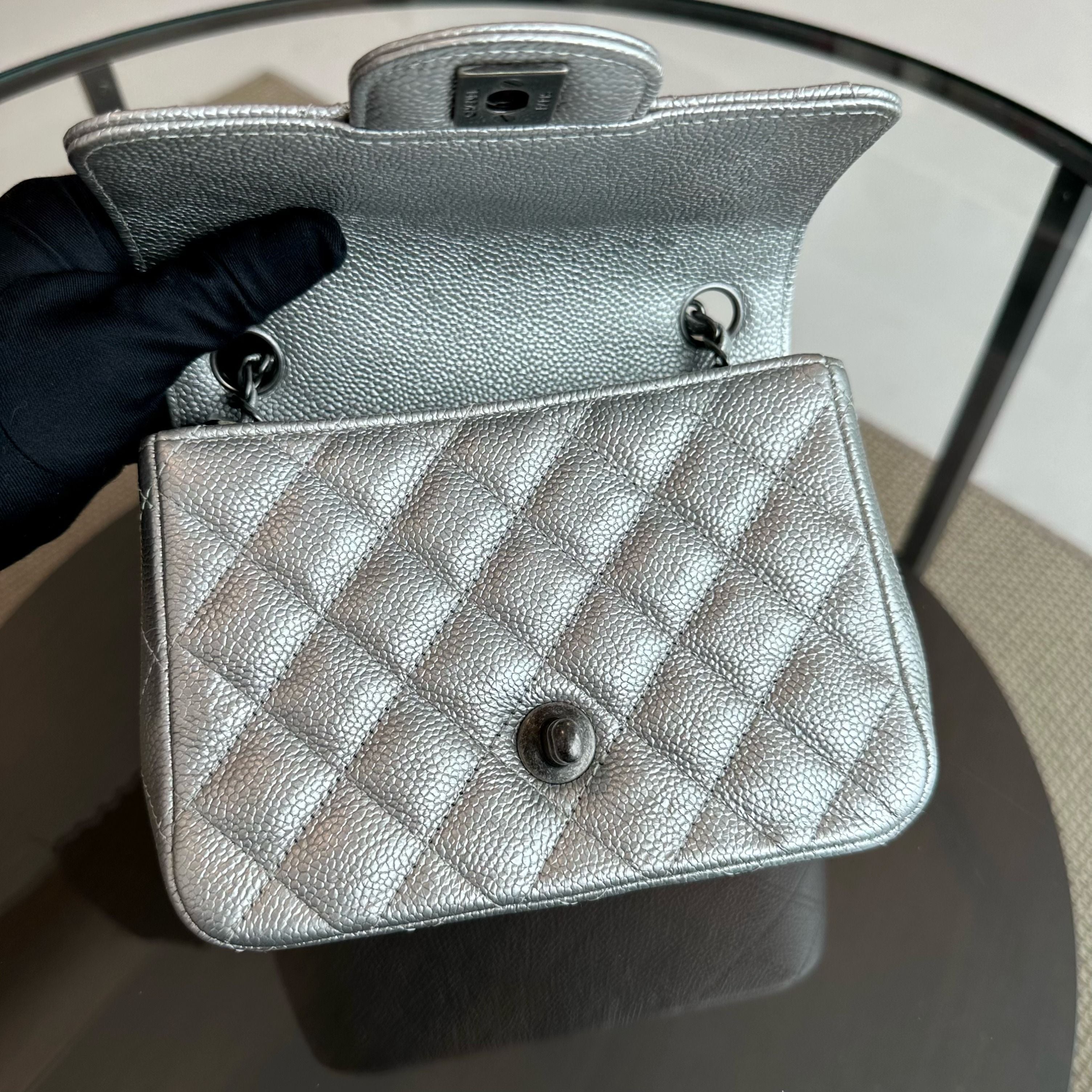 Chanel Caviar Mini Square Quilted Grained Calfskin Silver RSHW No 24 - Luxury Evermore