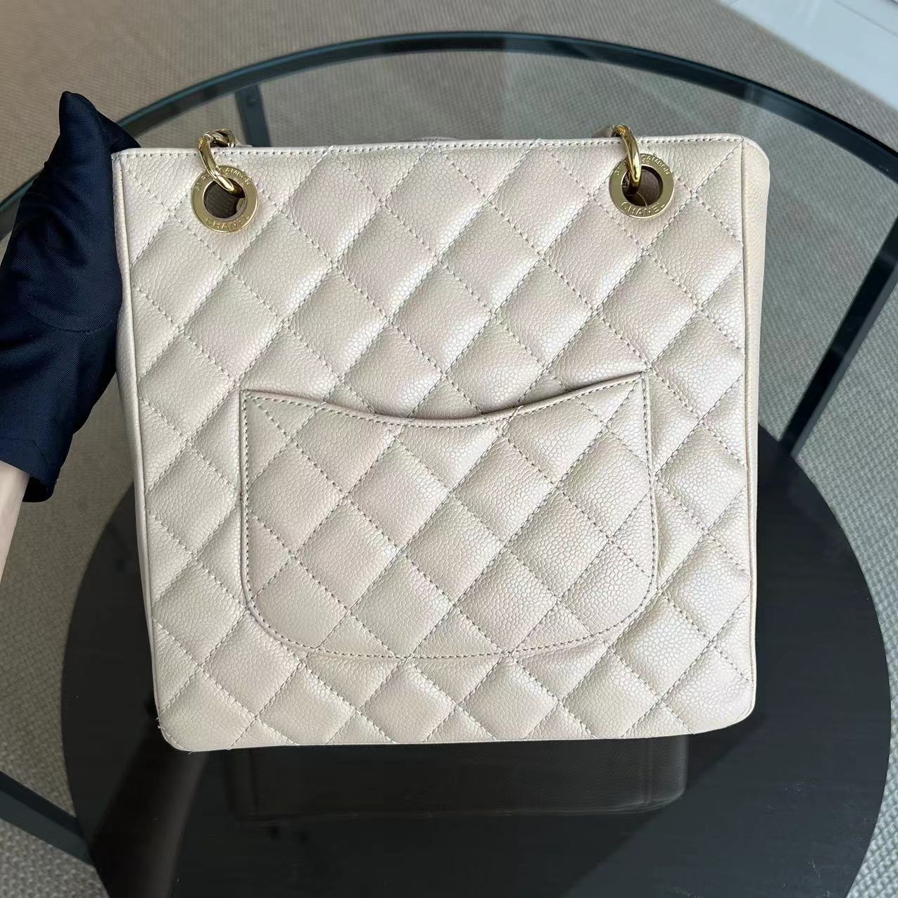 Chanel Caviar PST Petite Shopping Tote Quilted Grained Calfskin Beige Golden Hardware Series 14 - Luxury Evermore