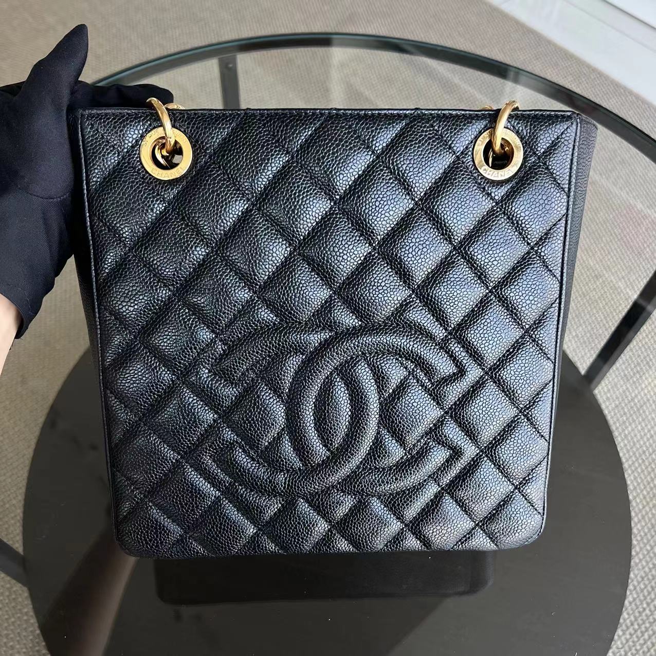 Chanel Caviar PST Petite Shopping Tote Quilted Grained Calfskin Black Golden Hardware Series 14 - Luxury Evermore