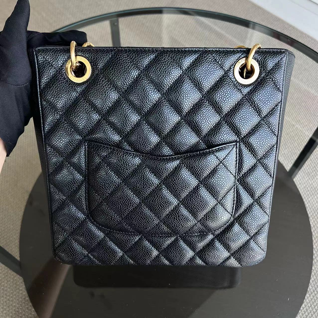 Chanel Caviar PST Petite Shopping Tote Quilted Grained Calfskin Black Golden Hardware Series 14 - Luxury Evermore