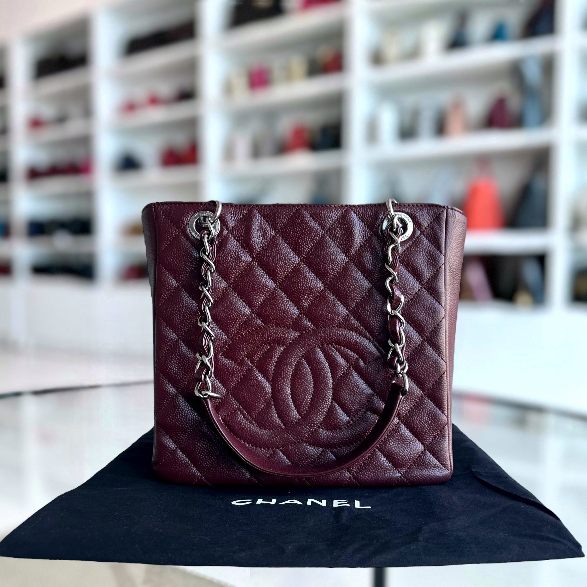 Chanel Caviar PST Petite Shopping Tote Quilted Grained Calfskin Burgundy Silver Hardware Series 18 - Luxury Evermore