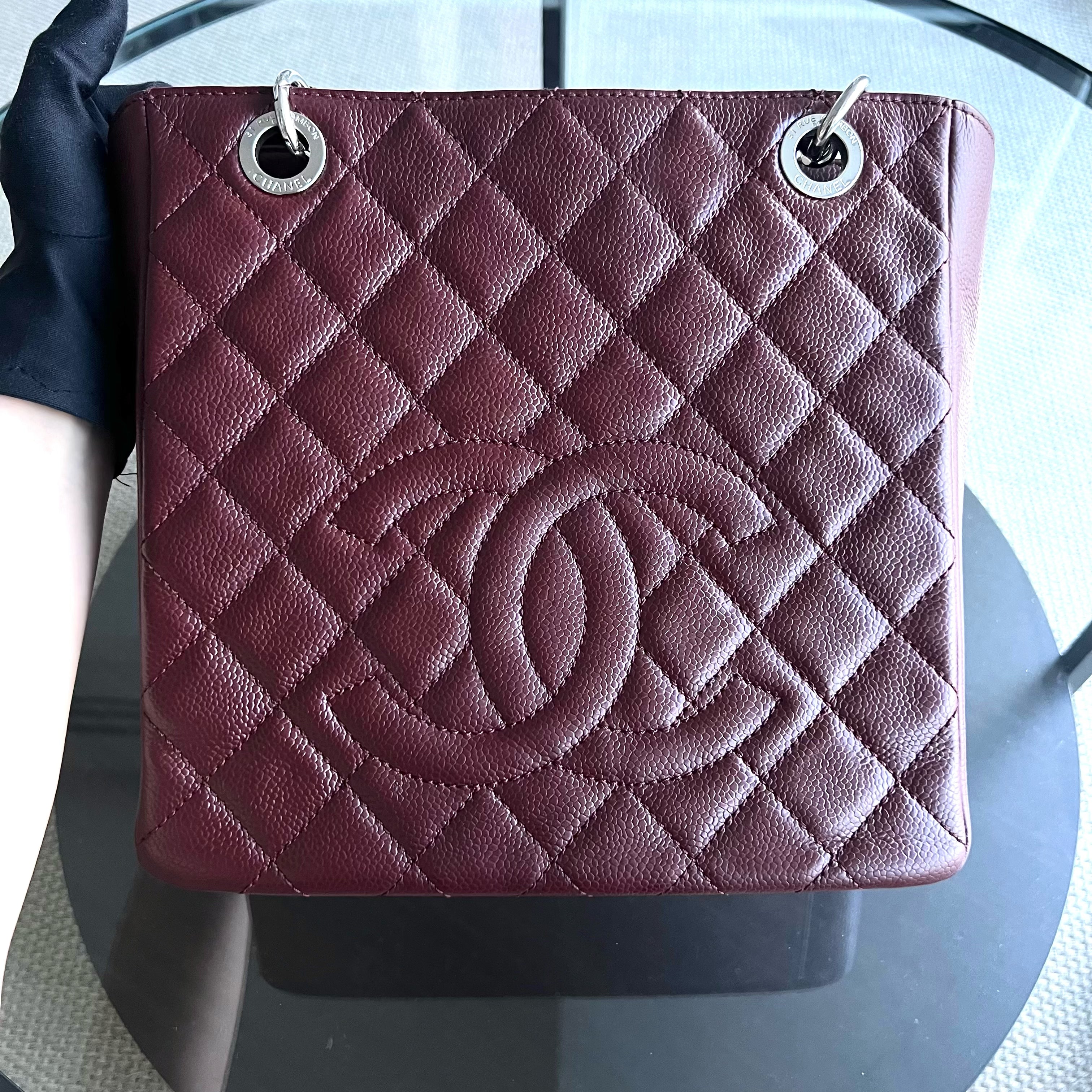 Chanel Caviar PST Petite Shopping Tote Quilted Grained Calfskin Burgundy Silver Hardware Series 18 - Luxury Evermore