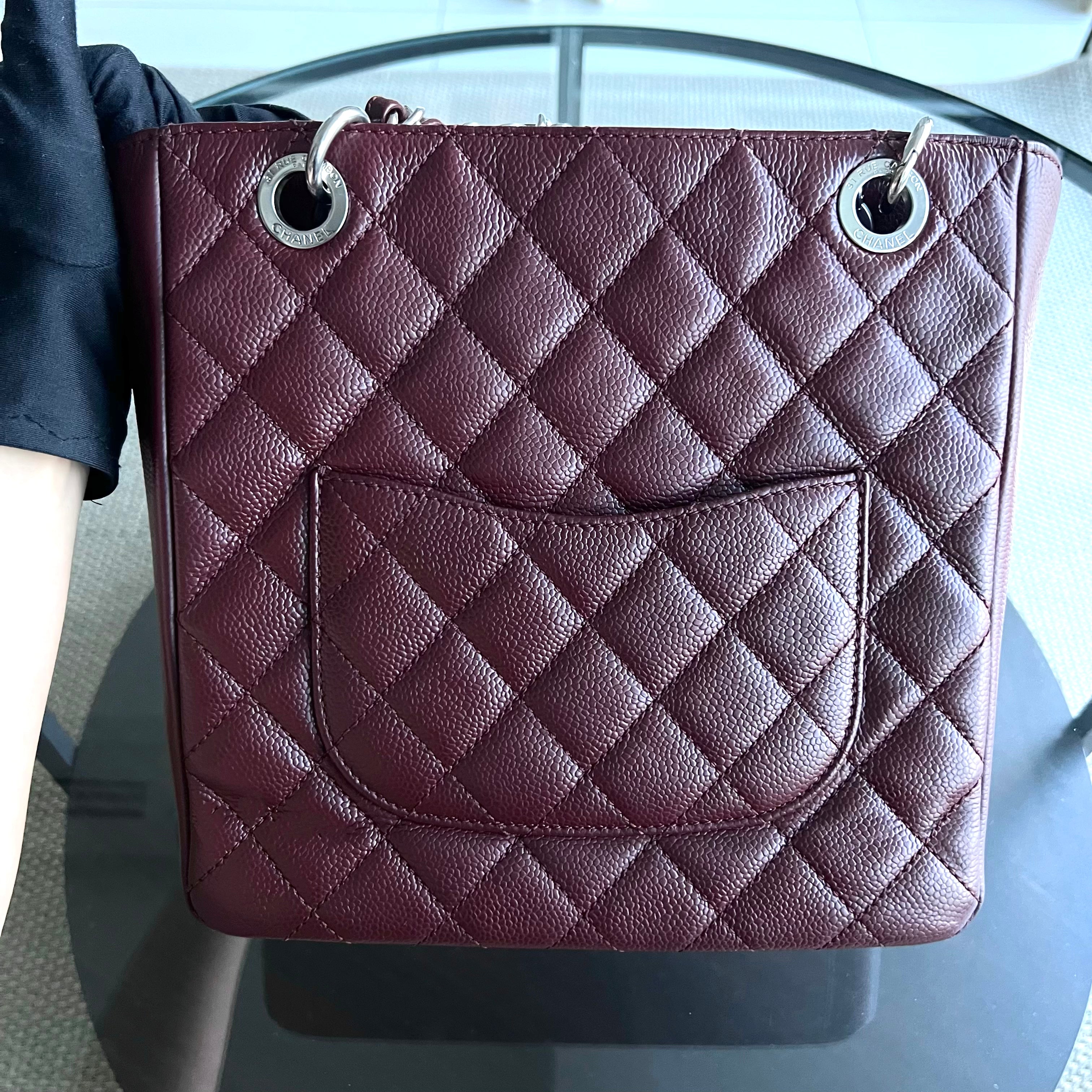 Chanel Caviar PST Petite Shopping Tote Quilted Grained Calfskin Burgundy Silver Hardware Series 18 - Luxury Evermore