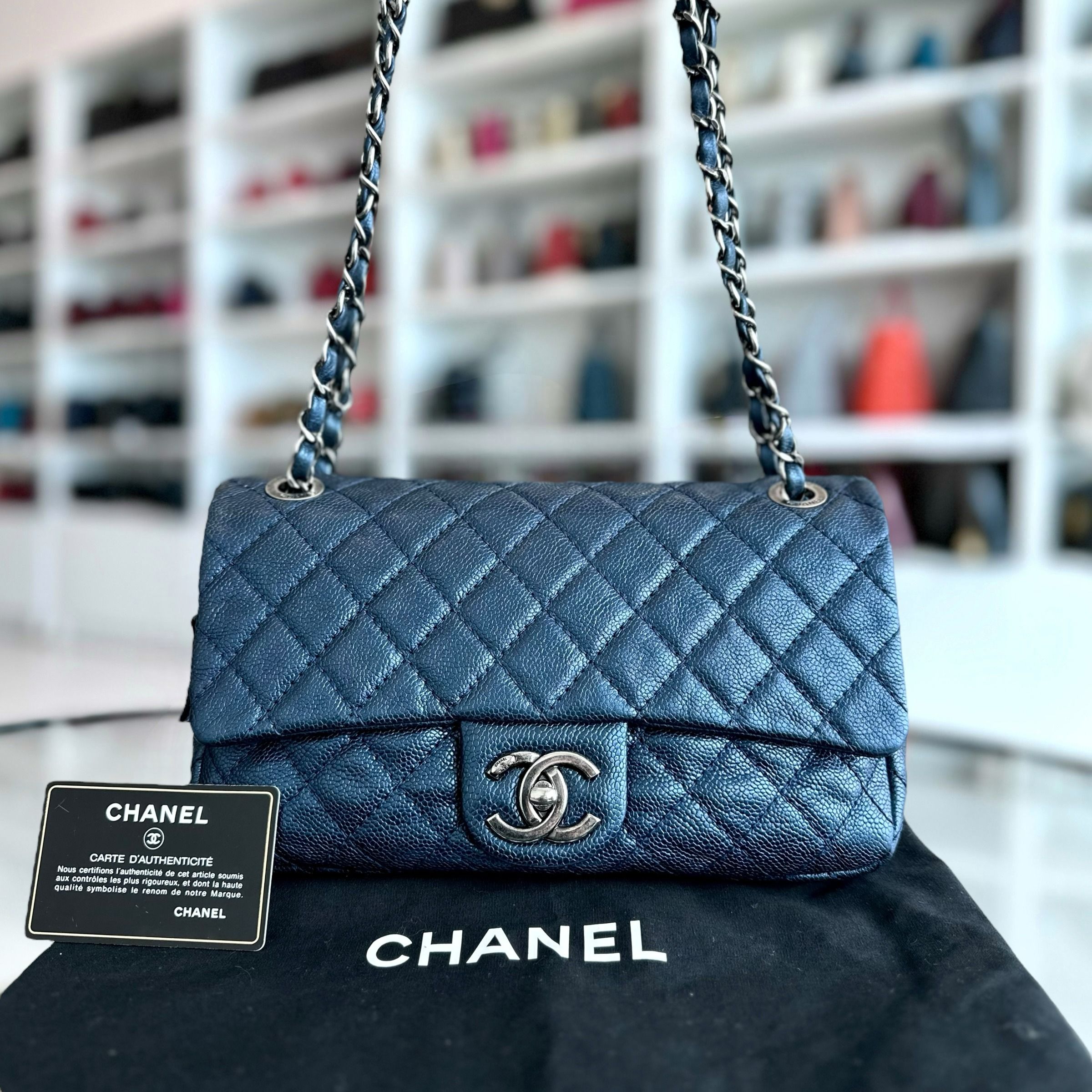 Chanel Caviar Seasonal Flap Zip Around Iridescent Dark Blue SHW No 18 - Luxury Evermore